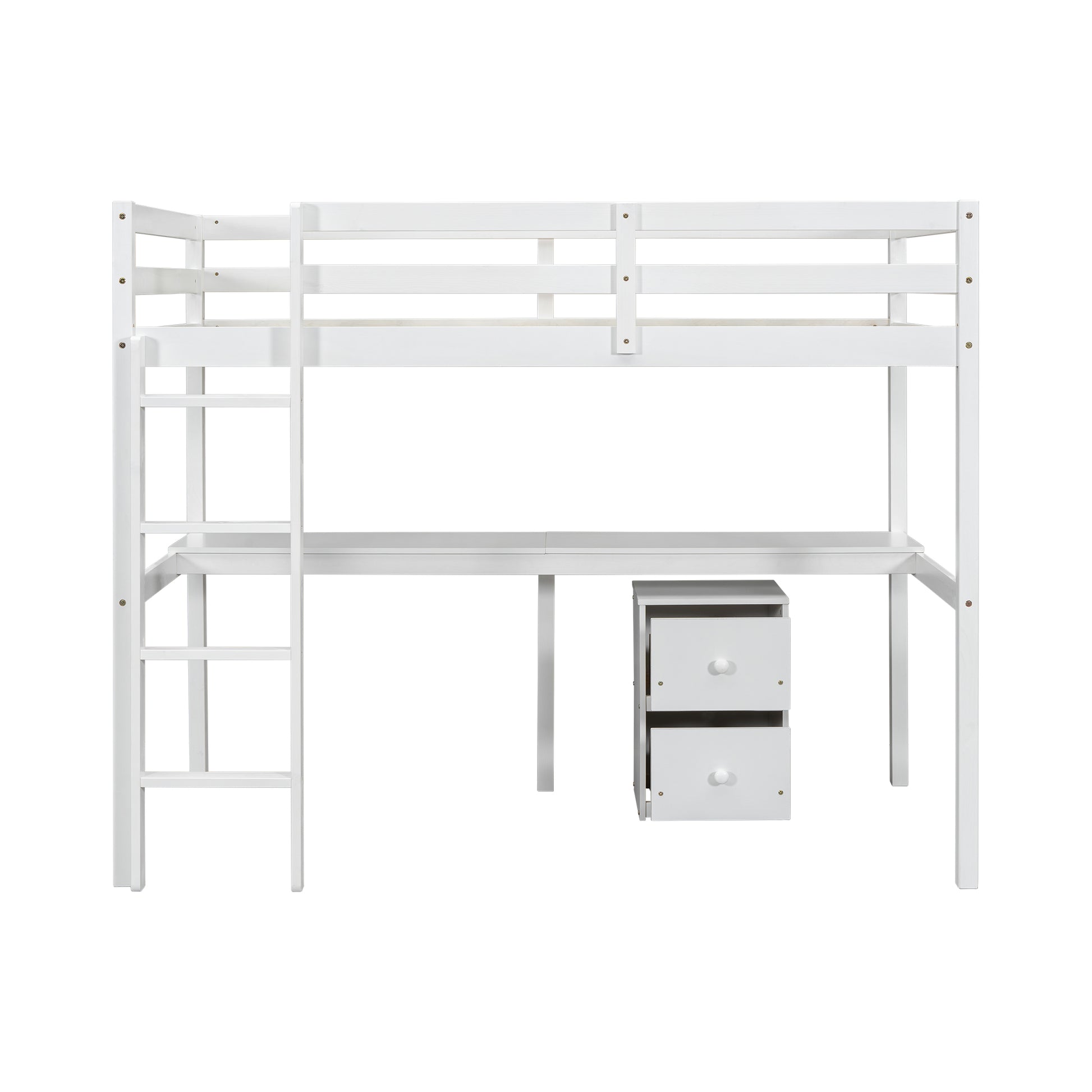 Twin Loft Wood Bed With Under Bed, Built In Desk, A Storage Cabinet Of 2 Drawers, Guardrails, Ladder,White Twin White Pine