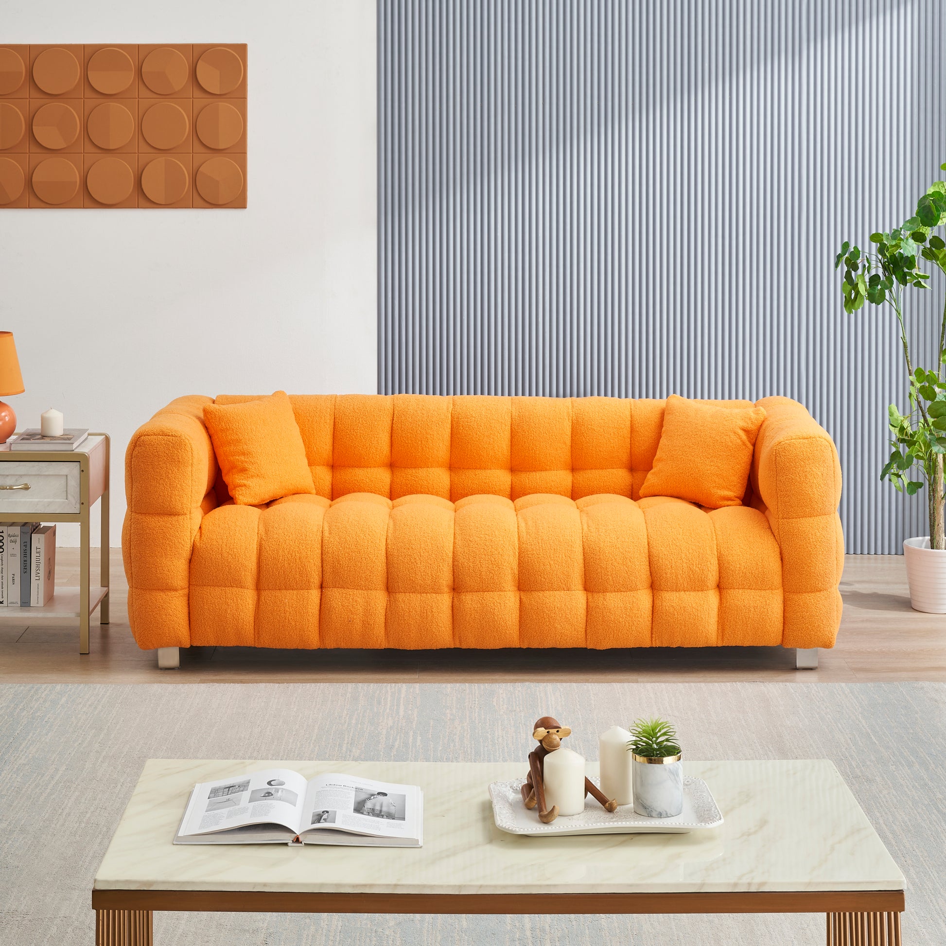 Orange Teddy Fleece Sofa 80 "Discharge In Living Room Bedroom With Two Throw Pillows Hardware Foot Support Orange Polyester Blend 3 Seat