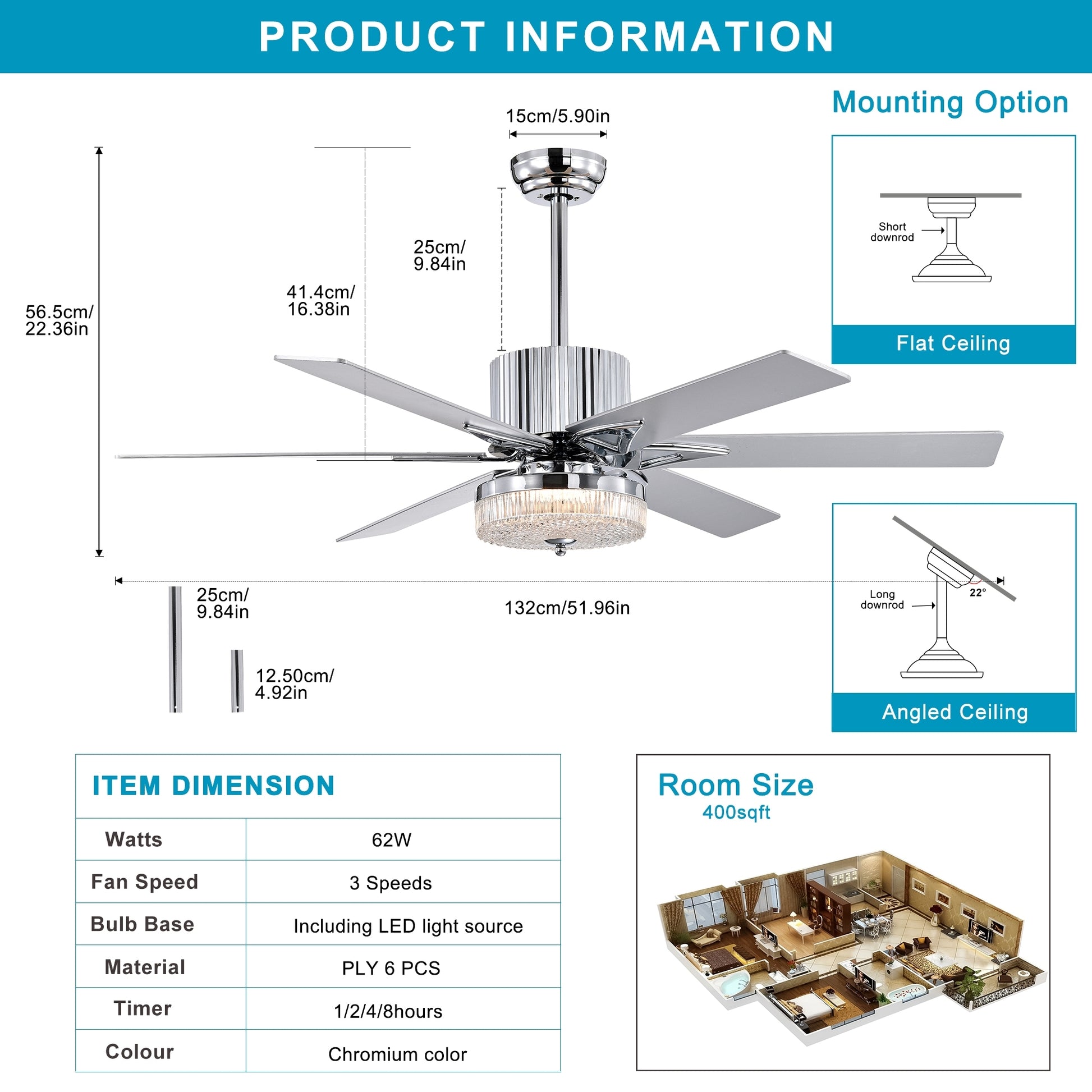 52'' Modern Ceiling Fans With Remote,Wood Ceiling Fan With Lights,Led Ceiling Fan Light With 6 Blade,3 Speed Ac Motor Indoor Ceiling Fan For Patio,Living Room,Bedroom Chrome Chrome American Design,American Traditional,Antique,Contemporary,Farmhouse