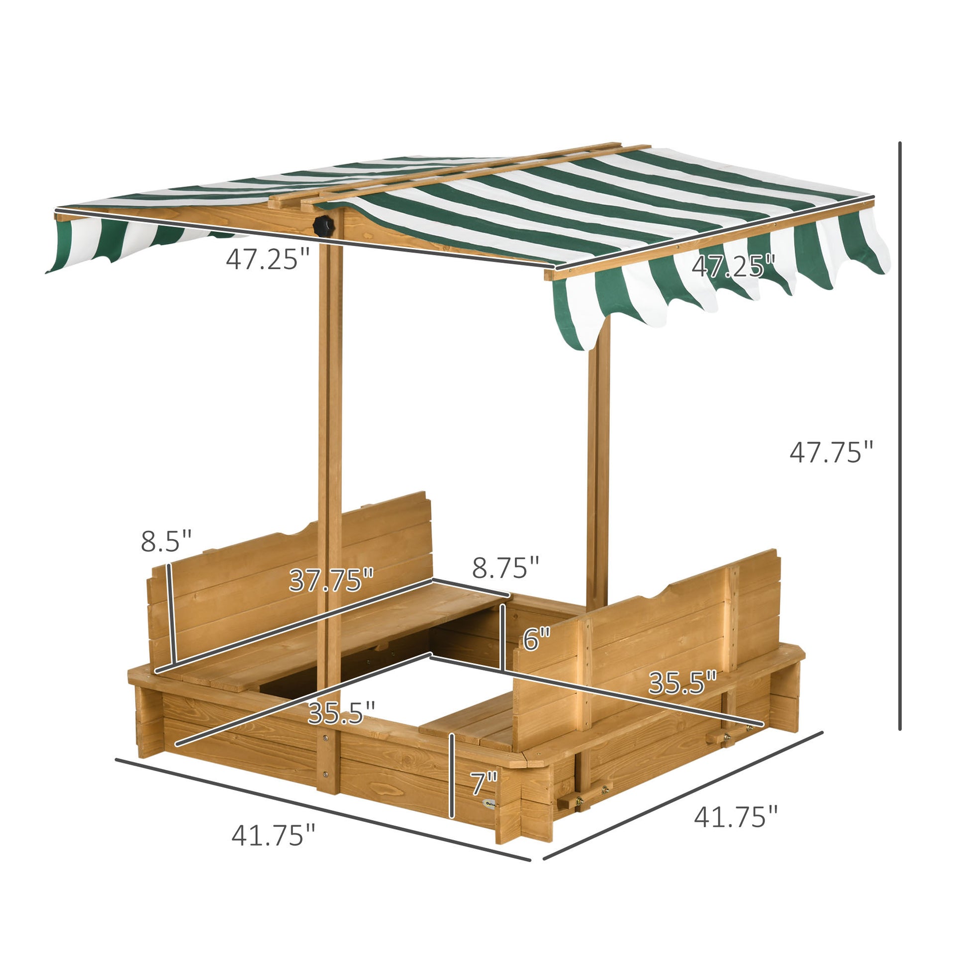 Outsunny Wooden Kids Sandbox With Cover, Children Outdoor Sand Box With Foldable Bench Seats, Adjustable Canopy, Bottom Liner For Outdoor, Brown Colorful Polyester