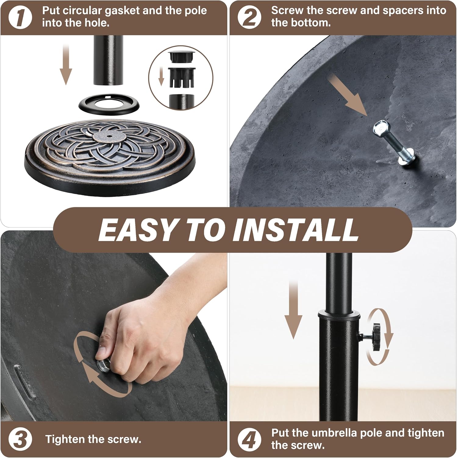 24.2 Lbs Heavy Duty Umbrella Base 17.72" Round Patio Umbrellas Stand For Outdoor, Lawn And Garden, Bronze Black Brown Resin