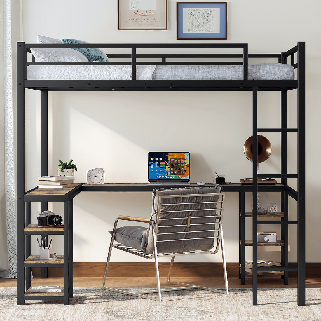 Full Metal Loft Bed With Desk And Shelves, Loft Bed With Ladder And Guardrails, Loft Bed Frame For Bedroom, Black With Vintage Wood Colored Desk Full Black Metal