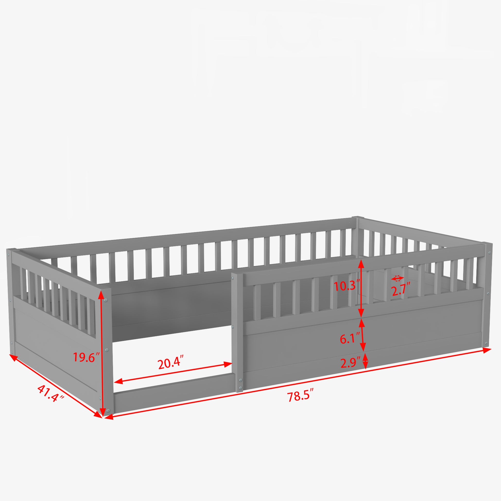 Twin Floor Bed Frame With Fence, Wood Kids Floor Beds Frame For Bedroom Playroom,Gray Expect Arrive Date Jun. 21St Twin Grey Pine