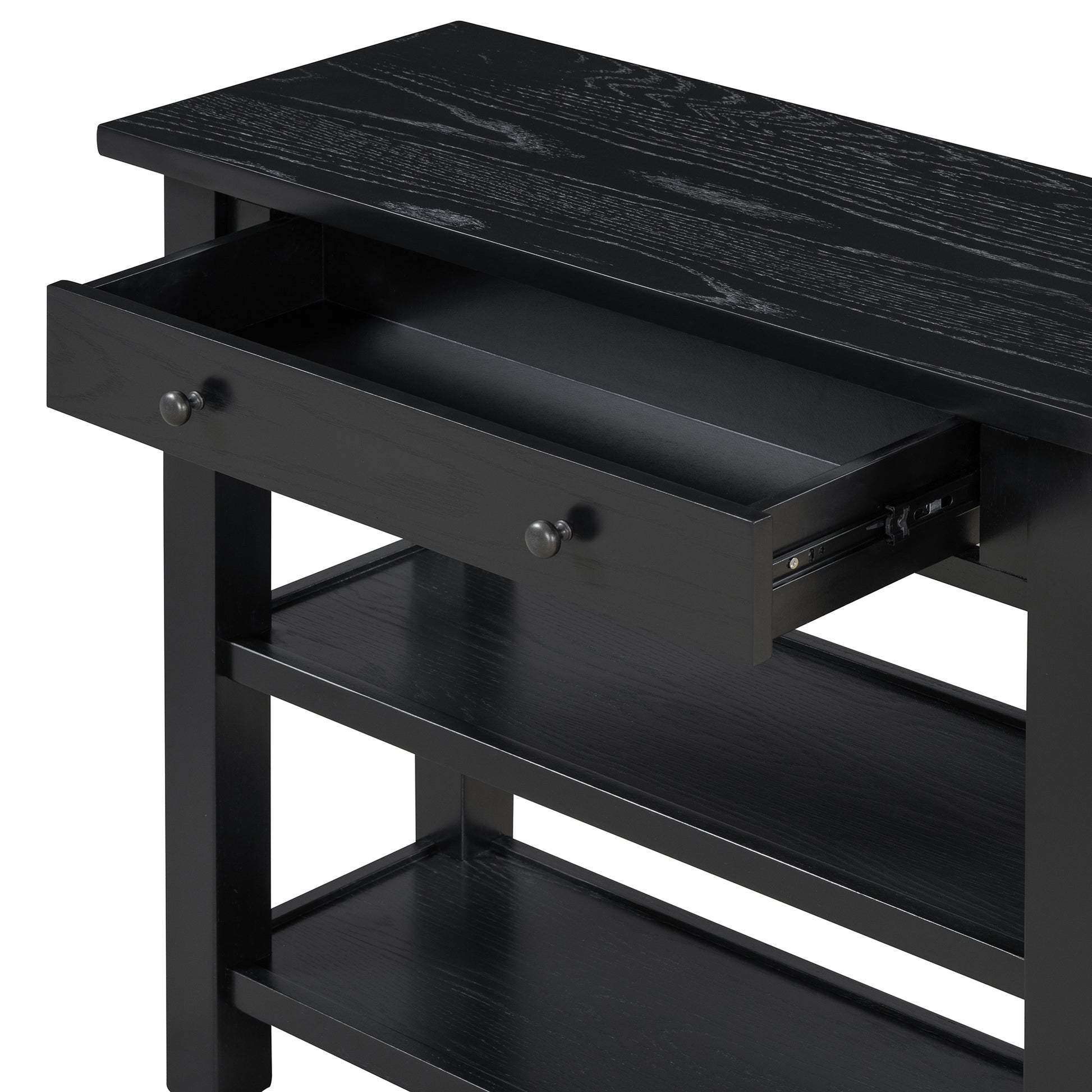 Retro Console Table With Drawer And Two Sturdy Shelves For Entryway, Living Room Black Black Mdf,Rubber Wood