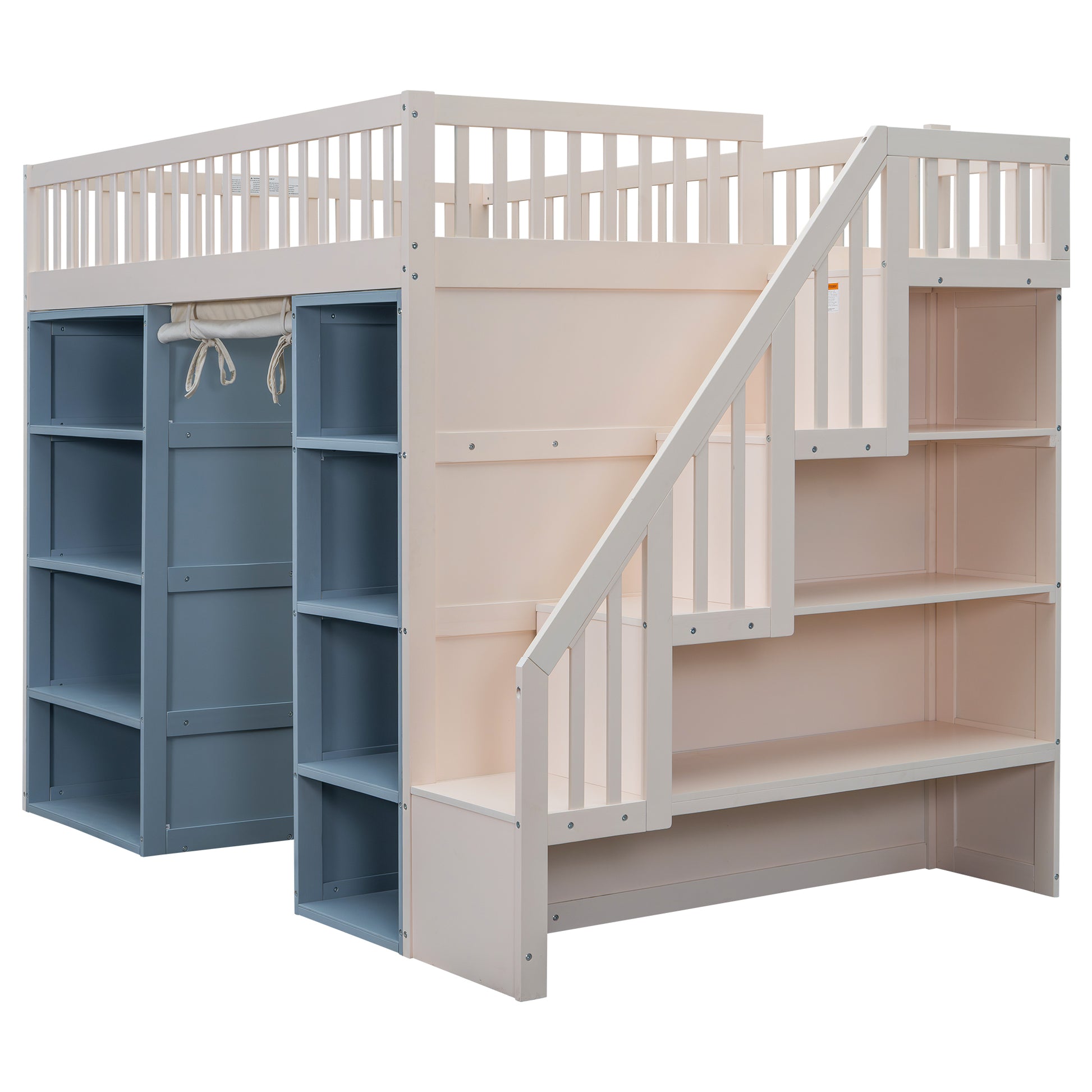 Full Size Loft Bed With 2 Four Layer Storage Cabinets And Curtain,White Blue White Solid Wood Mdf