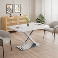 47.25'' 63'' Modern White Glossy Dining Table For 4 6 People, Extendable Dining Table With Crossed Metal Base And Stainless Steel Tubes, Large Dining Table White White Mdf Steel