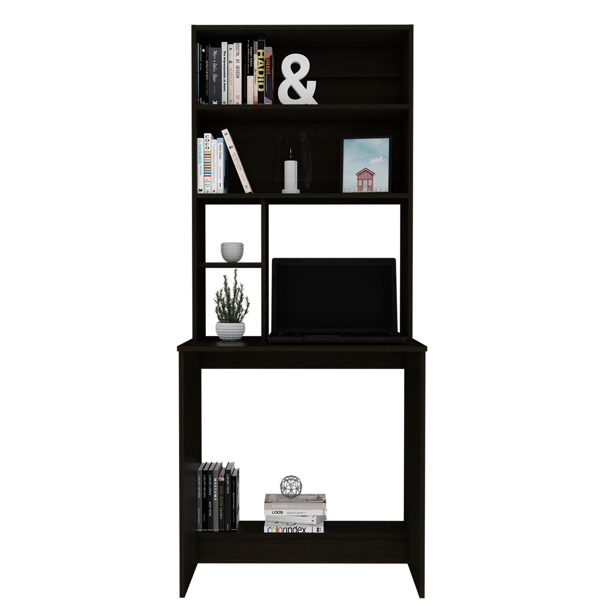 Sawgrass Writing Computer Desk, Hutch, Four Shelves Black Computer Desk Office Modern Freestanding Pine Rectangular Melamine Engineered Wood