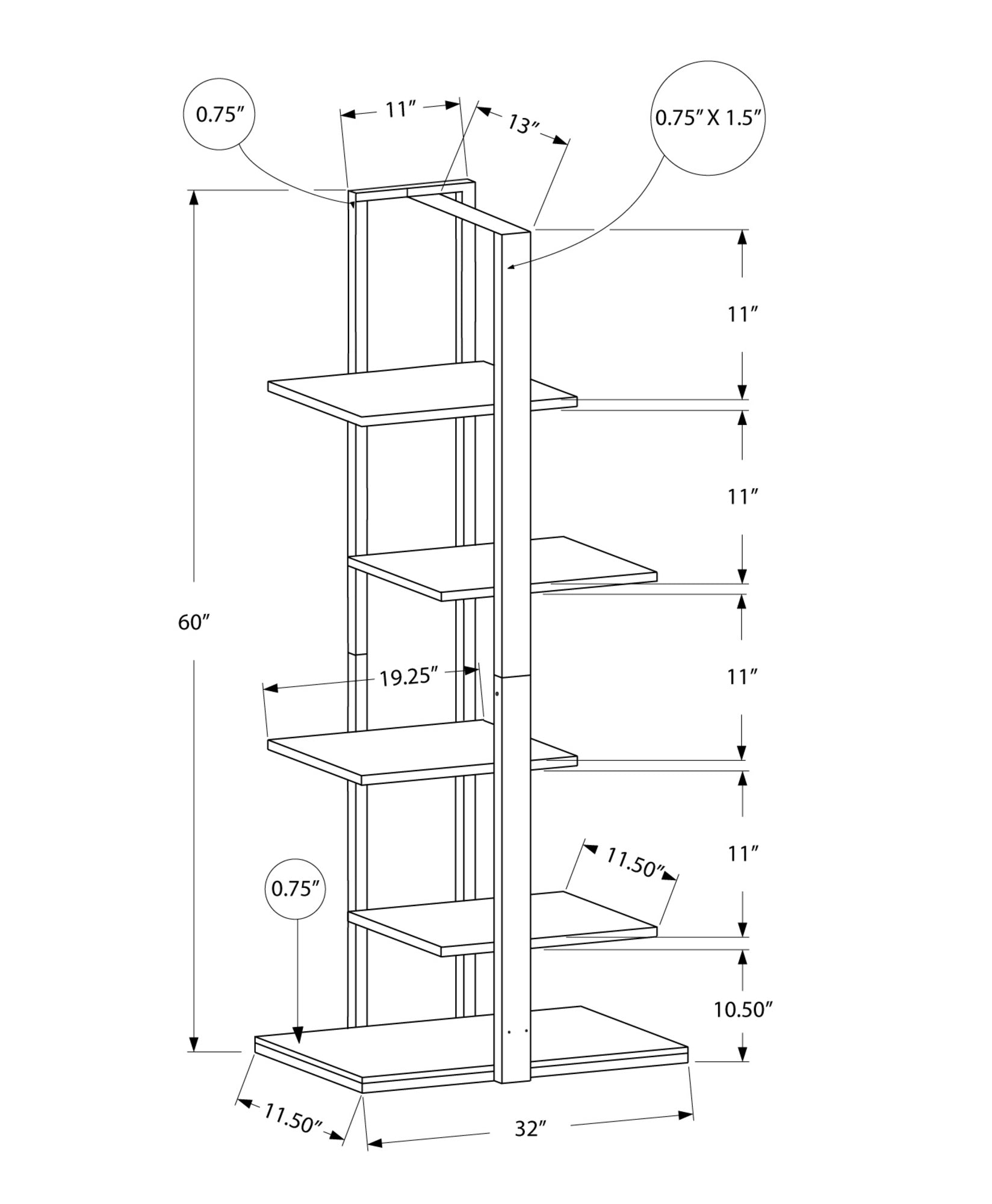 Bookshelf, Bookcase, Etagere, 5 Tier, 60"H, Office, Bedroom, Brown Laminate, Black Metal, Contemporary, Modern Taupe Mdf