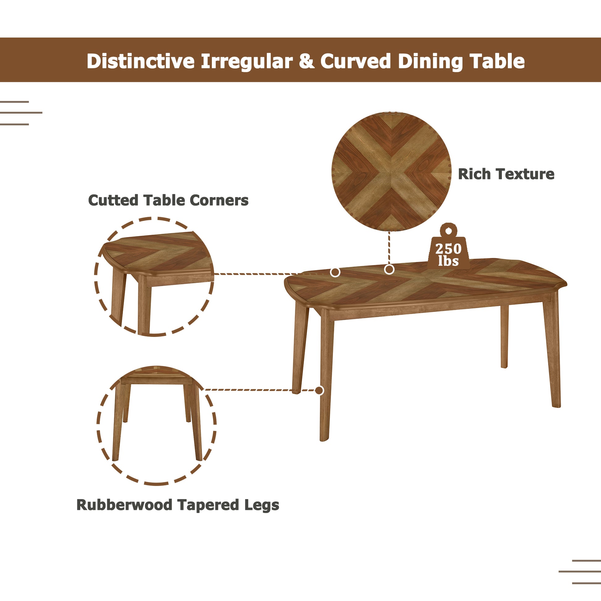 Vintage 7 Piece Dining Table Set With 6 Dining Chairs,Kitchen Table Set For 6 With Curved Back And Seat, Brown Wood Dining Room Solid Wood Rubberwood Rectangular Dining Table With Chair Upholstered Chair Wood Brown Seats 6 Farmhouse Curved 4 Leg Rubber