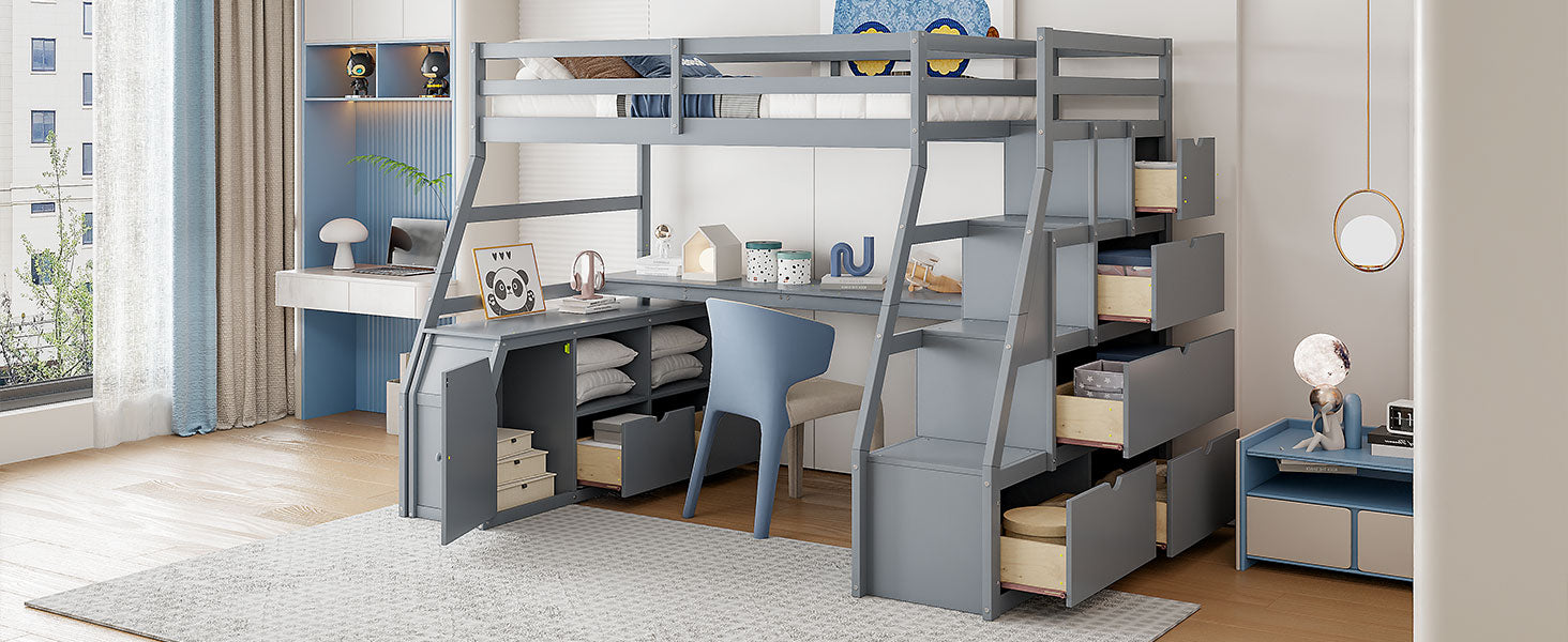 Full Size Loft Bed With 7 Drawers 2 Shelves And Desk Gray Full Gray Plywood