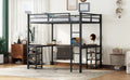 Full Metal Loft Bed With Desk And Shelves, Loft Bed With Ladder And Guardrails, Loft Bed Frame For Bedroom, Black With Vintage Wood Colored Desk Full Black Metal