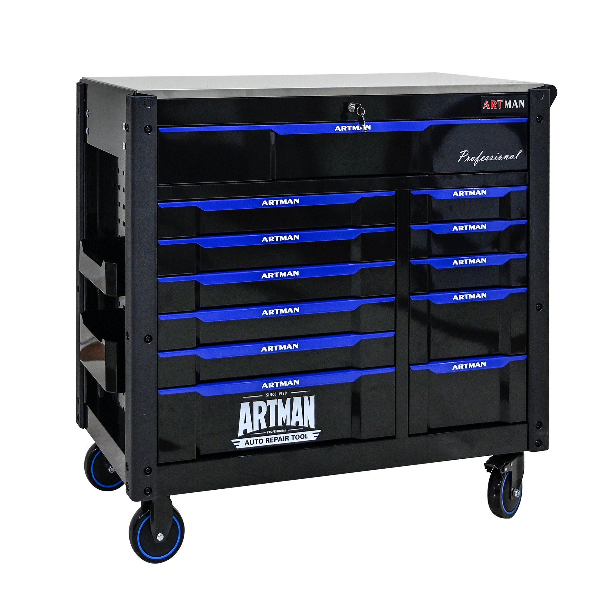 12 Layer Drawer Multi Purpose Tool Car, With Wheels, Iron Top Black Blue Steel