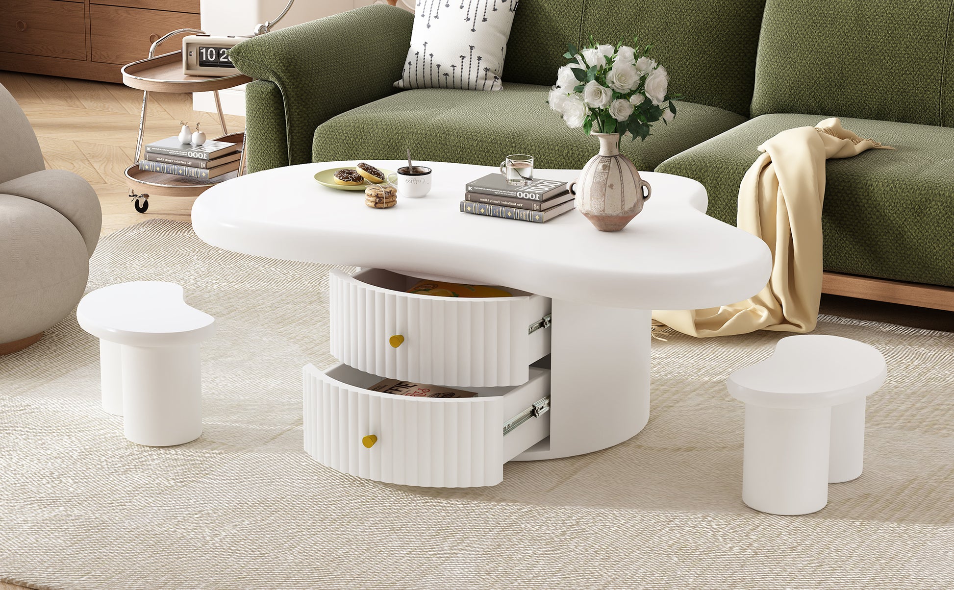 Cloud Coffee Table Set Of 3, Irregular Shape Coffee Table With 2 Drawers, 2 Small Stools For Living Room White Mdf