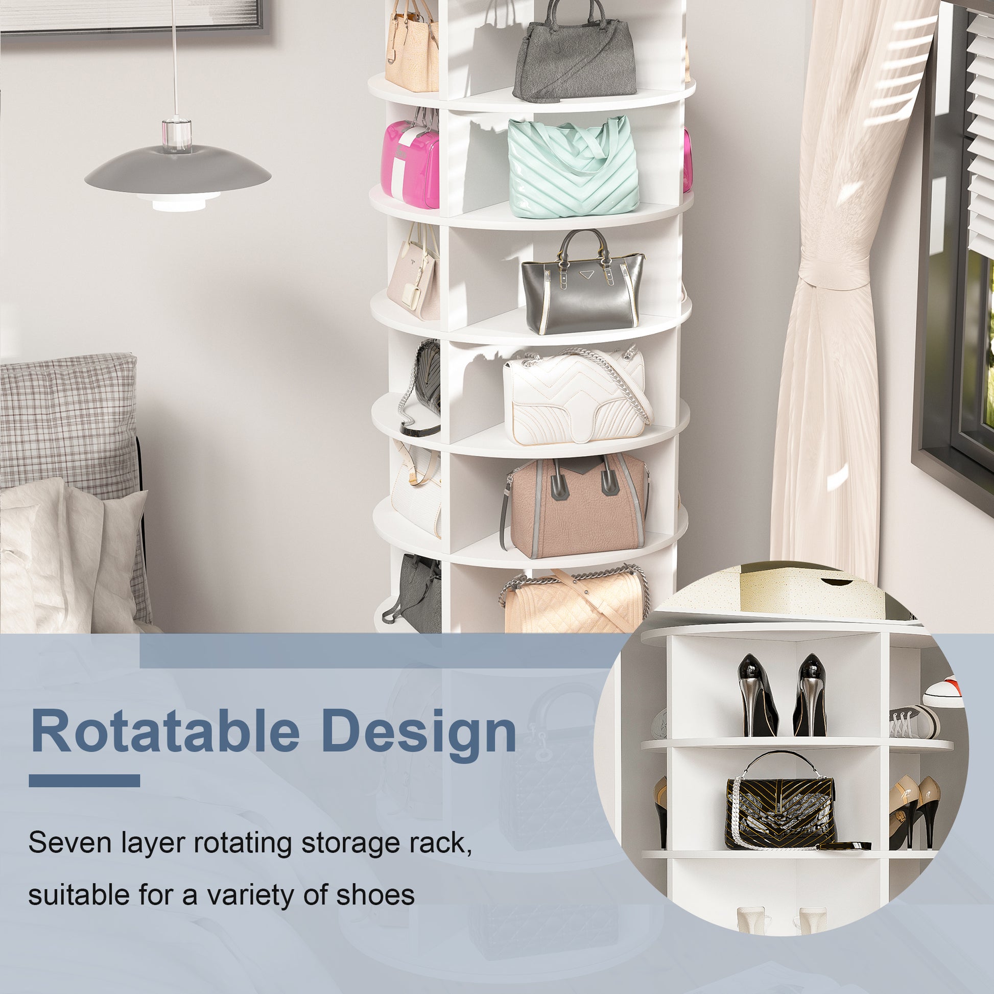 Rotating Shoe Rack Tower, 7 Tier Spinning Shoe Rack, Free Standing 360 Revolving Shoe Organizer, High Bottom Design Shoe Tower Spinning Storage Lazy Susany, Fits 28 Pairs Of Shoes 7 Tier White 7