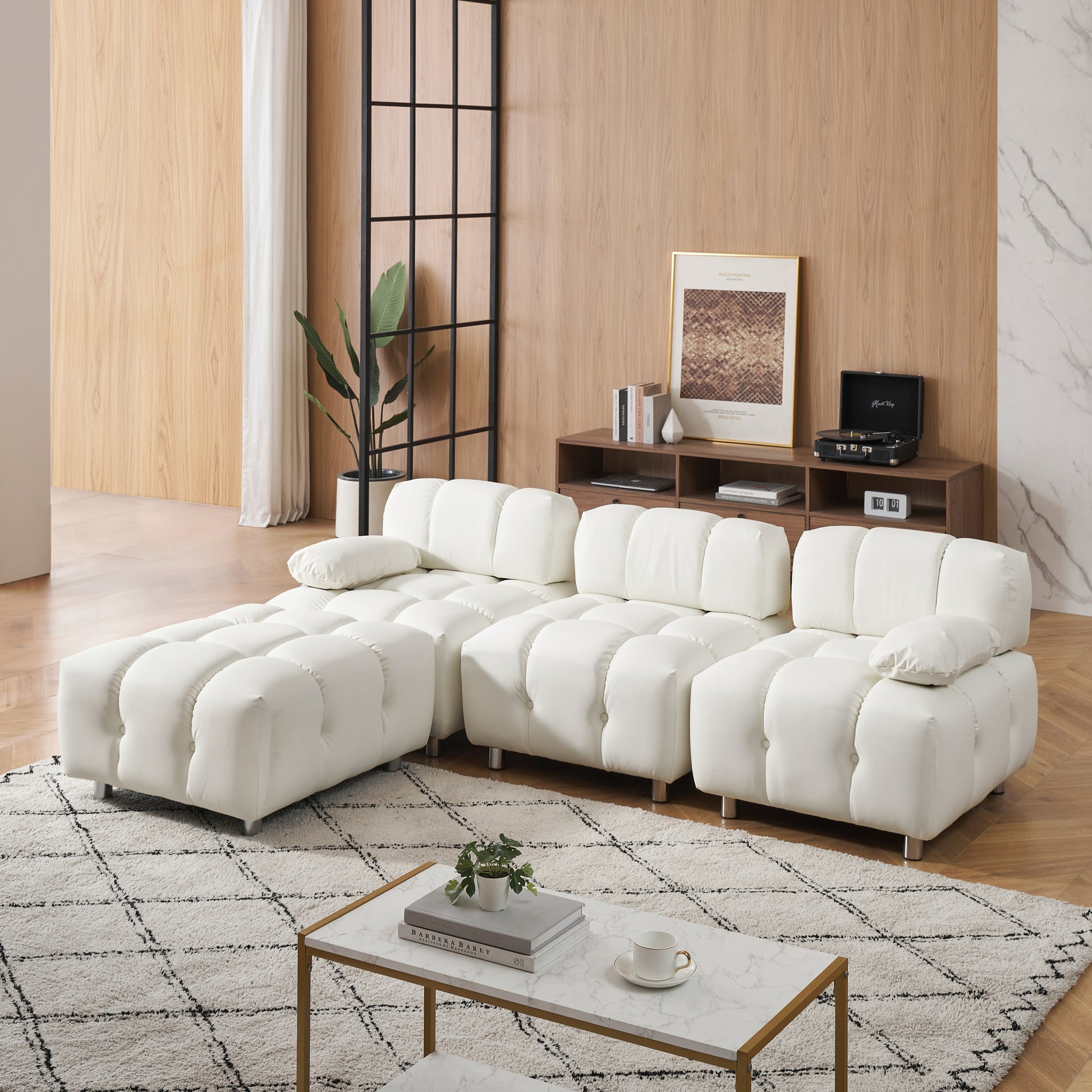 A 90.60 Inch Technology Cloth Beige Sofa, Waterproof, Stain And Cat Scratch Resistant, Can Comfortably Sit In The Apartment Bedroom Without Taking Up Space. White Polyester Blend 4 Seat