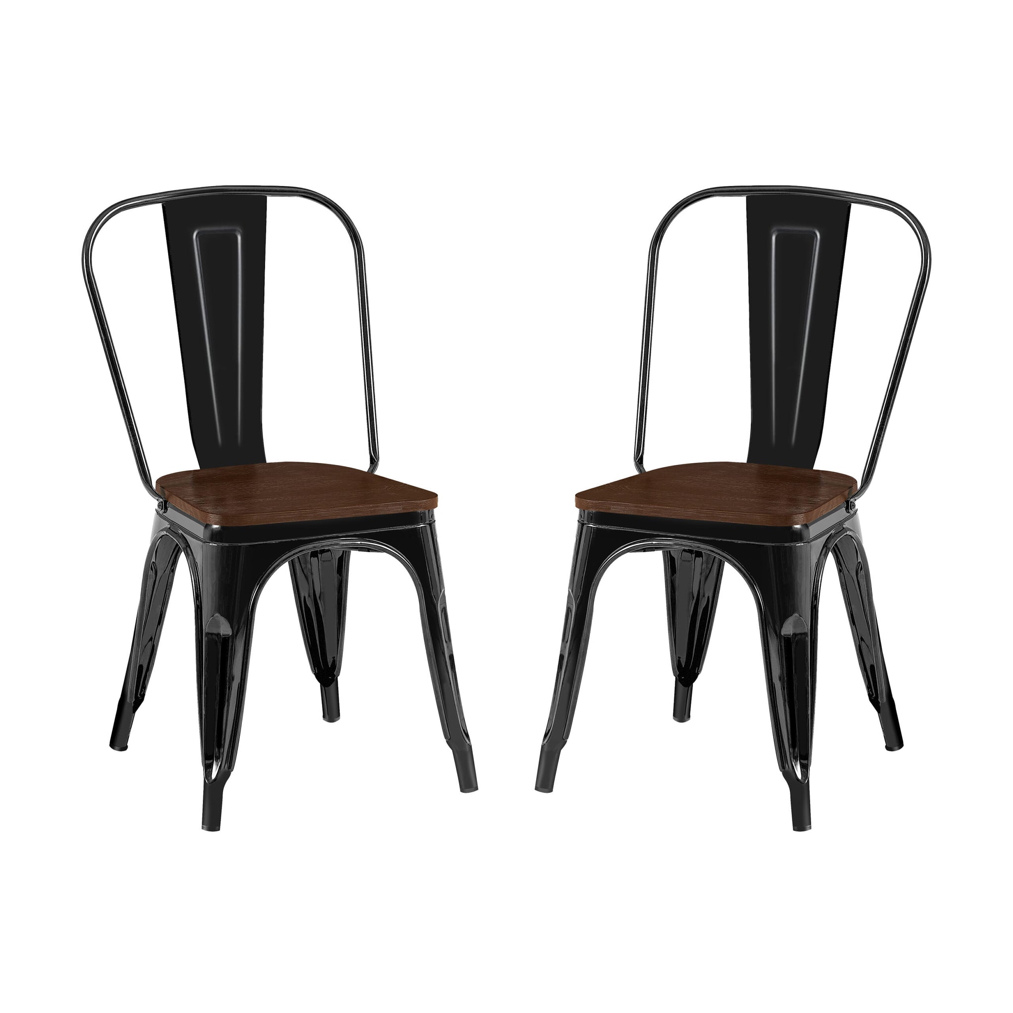 2Pc Contemporary Aesthetic Modern With Walnut Wooden Seat Industrial Metal Dining Chairs High Gloss Black Black Dining Room Wipe Clean Square Contemporary,Industrial,Modern Dining Chairs Set Of 2