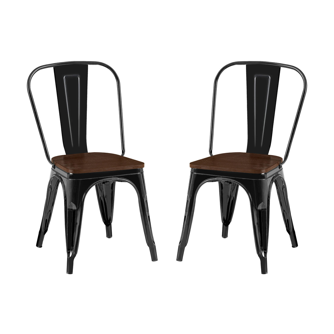 2Pc Contemporary Aesthetic Modern With Walnut Wooden Seat Industrial Metal Dining Chairs High Gloss Black Black Dining Room Wipe Clean Square Contemporary,Industrial,Modern Dining Chairs Set Of 2