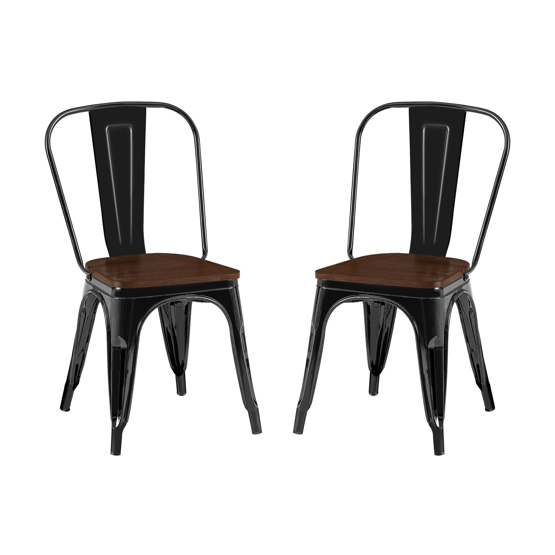 2Pc Contemporary Aesthetic Modern With Walnut Wooden Seat Industrial Metal Dining Chairs High Gloss Black Black Dining Room Wipe Clean Square Contemporary,Industrial,Modern Dining Chairs Set Of 2