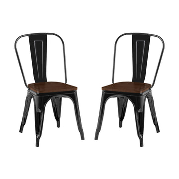 2Pc Contemporary Aesthetic Modern With Walnut Wooden Seat Industrial Metal Dining Chairs High Gloss Black Black Dining Room Wipe Clean Square Contemporary,Industrial,Modern Dining Chairs Set Of 2