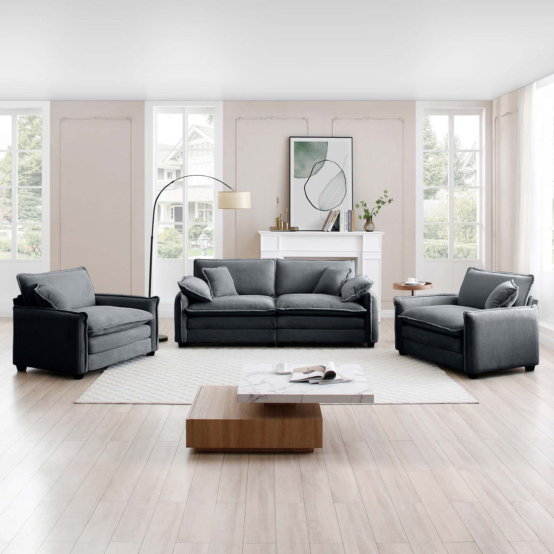 Luxurious And Sophisticated Sofa Set With Soft Cushions And Pillows, Sofa Set For Living Rooms And Clubs As Well As Home Theaters, Consisting Of Two Single Sofas And A 2 Seaters Sofas Ingrey Corduroy Grey Corduroy 4 Seat