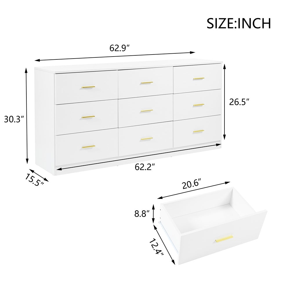 Modern White 9 Drawer Dresser For Bedroom Large Storage Wide Chest Of Drawers, Sturdy & Safe Chest 5 Or More Drawers Gloss Antique White White Primary Living Space Drawers Included American Design,Contemporary,Modern Melamine Engineered Wood