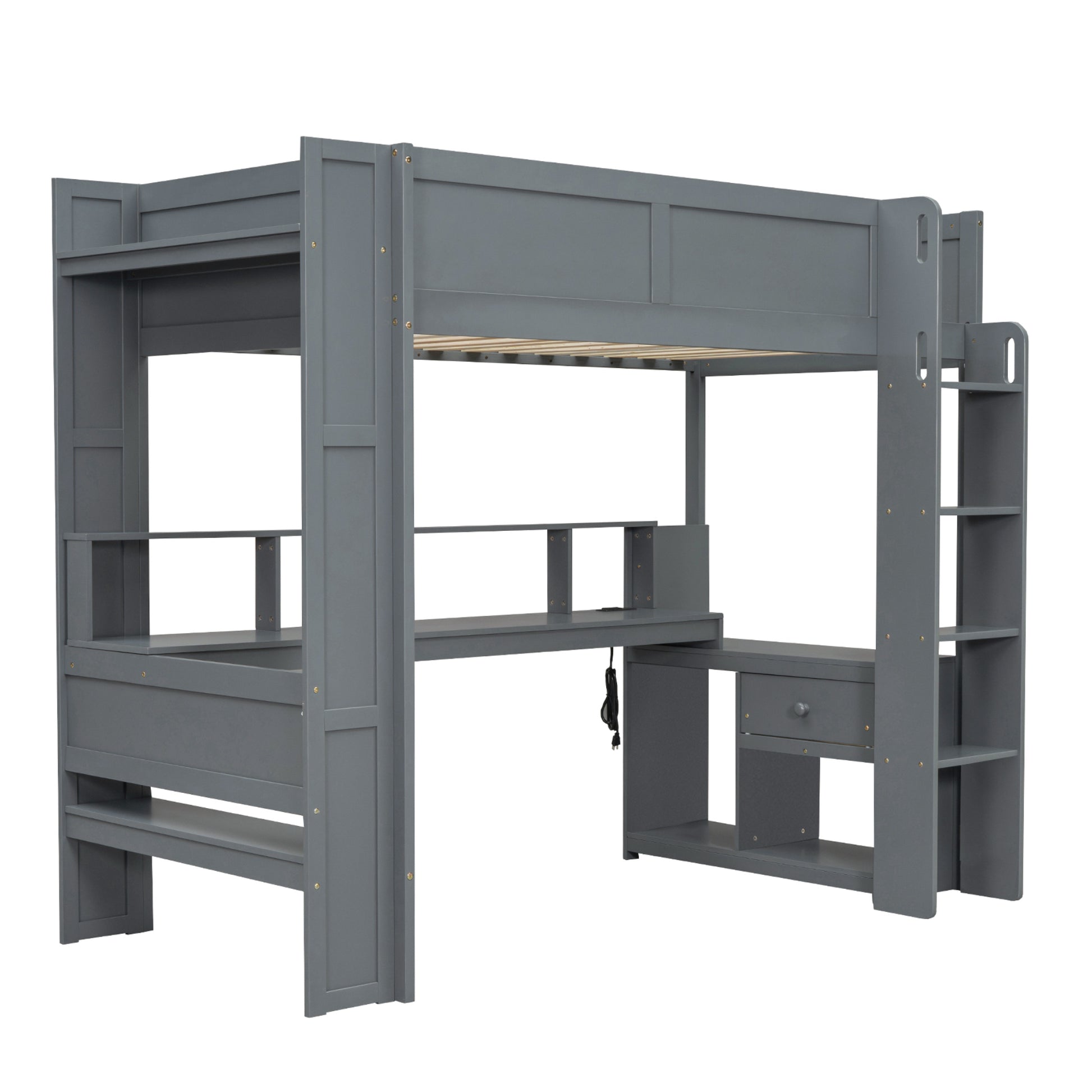 Wood Twin Size Gaming Loft Bed With Desk, Multi Storage Shelves, Led And Charging Station, Dark Gray Box Spring Not Required Twin Dark Gray Wood Bedroom Bed Frame Solid Wood Mdf