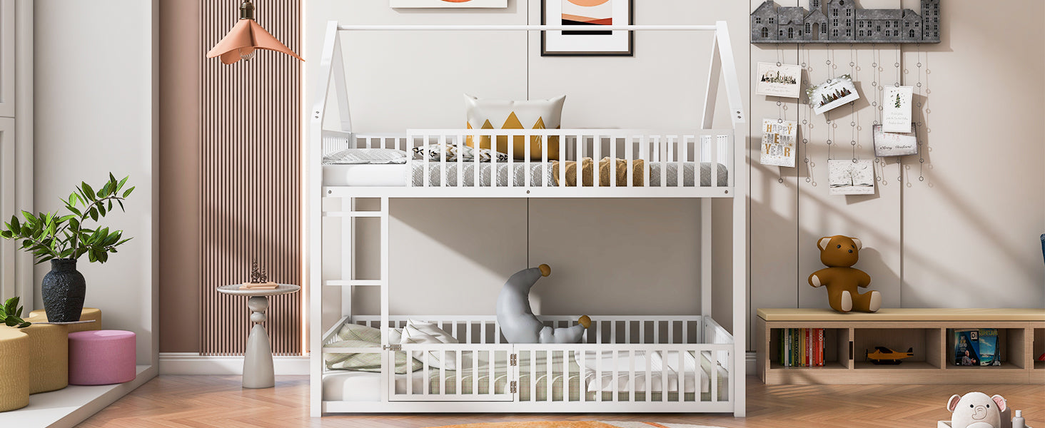 Metal Twin Over Twin House Bunk Bed With Fence And Door, White Box Spring Not Required Twin White Metal Bedroom Metal
