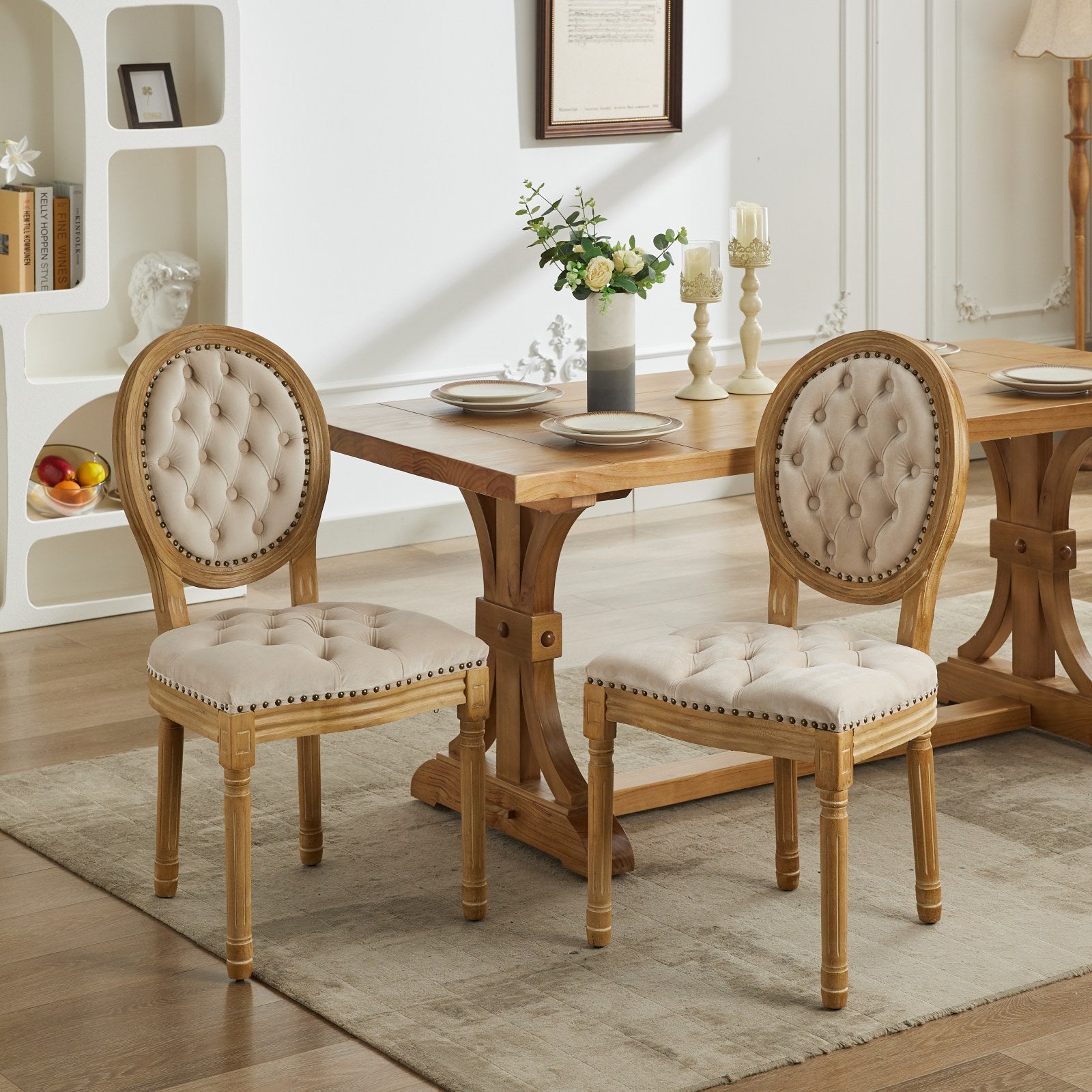 French Style Solid Wood Frame Antique Painting,Hand Pulled Buckle Decoration Velvet Artificial Leather Dining Chair With Trim ,Wood Legs,Steel Spring Inner,Set Of 2,Beige,Sw1739Bg Beige Dining Room American Design Dining Chairs Rubberwood Set Of 2 Foam