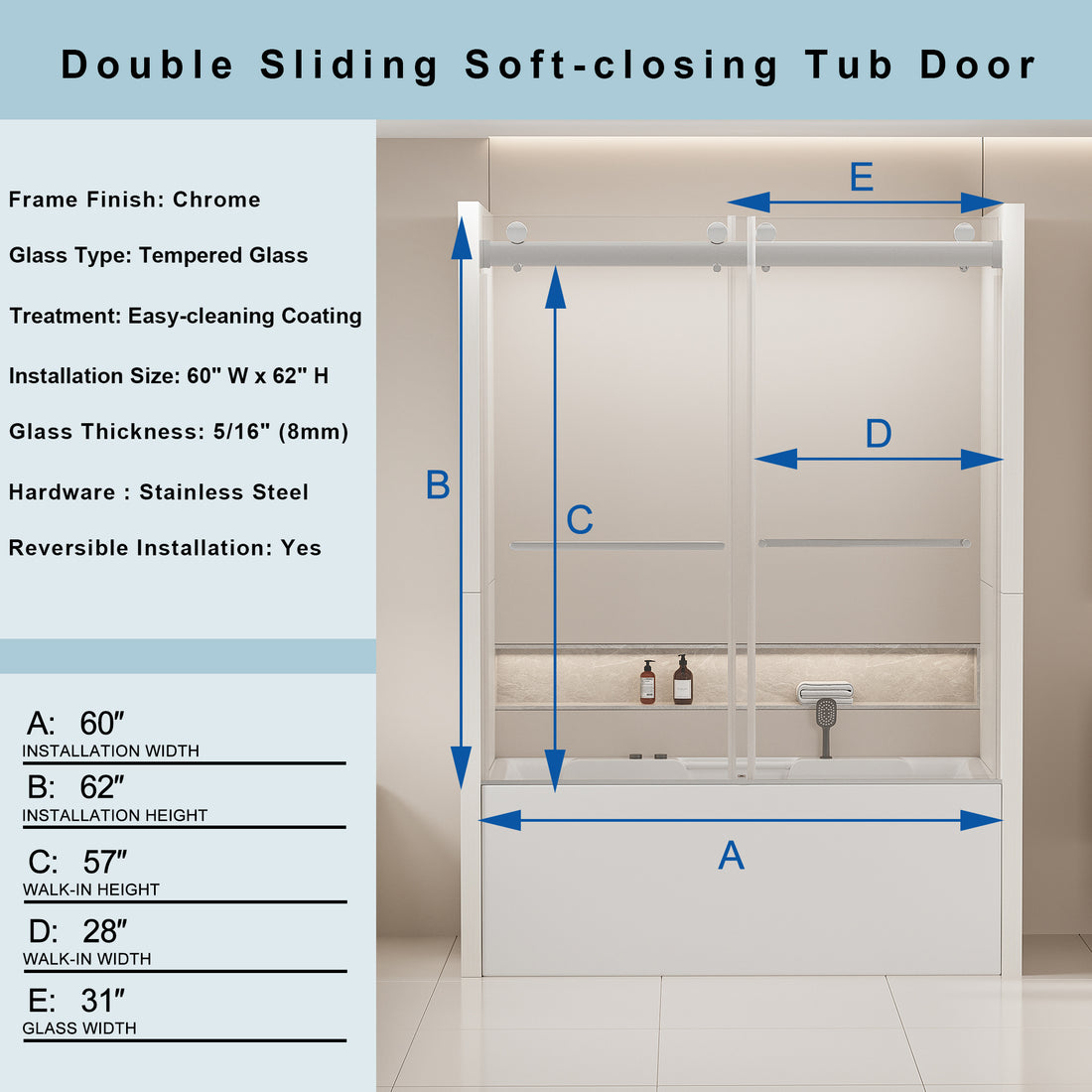 56 60 In. W X 62 In. H Frameless Double Sliding Tub Door, Bypass Tub Shower Door Soft Closing, Chrome 24D02 T60Chx Chrome Stainless Steel