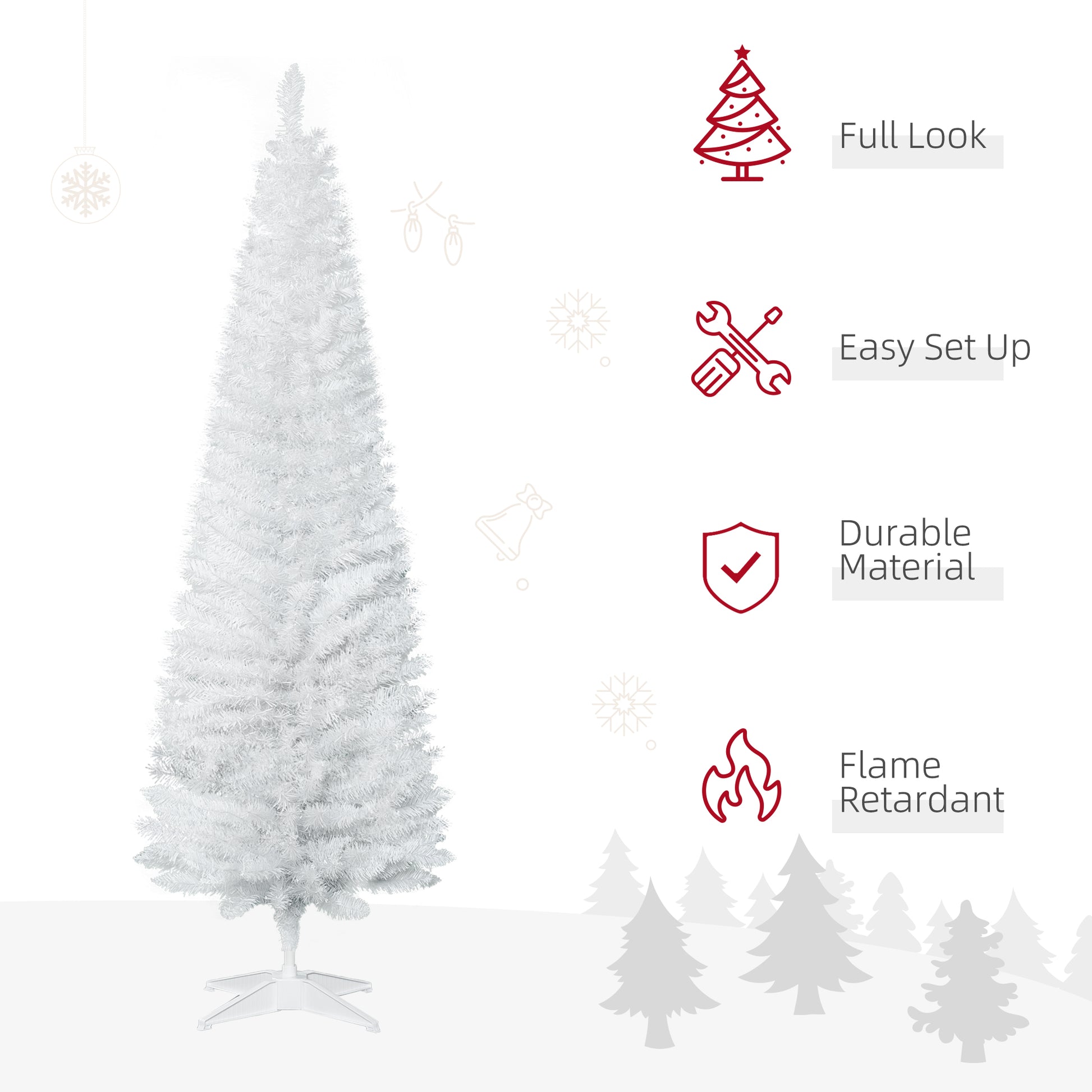 Homcom 6' Artificial Pencil Christmas Tree, Slim Xmas Tree With 390 Realistic Branch Tips And Plastic Stand, White White Plastic