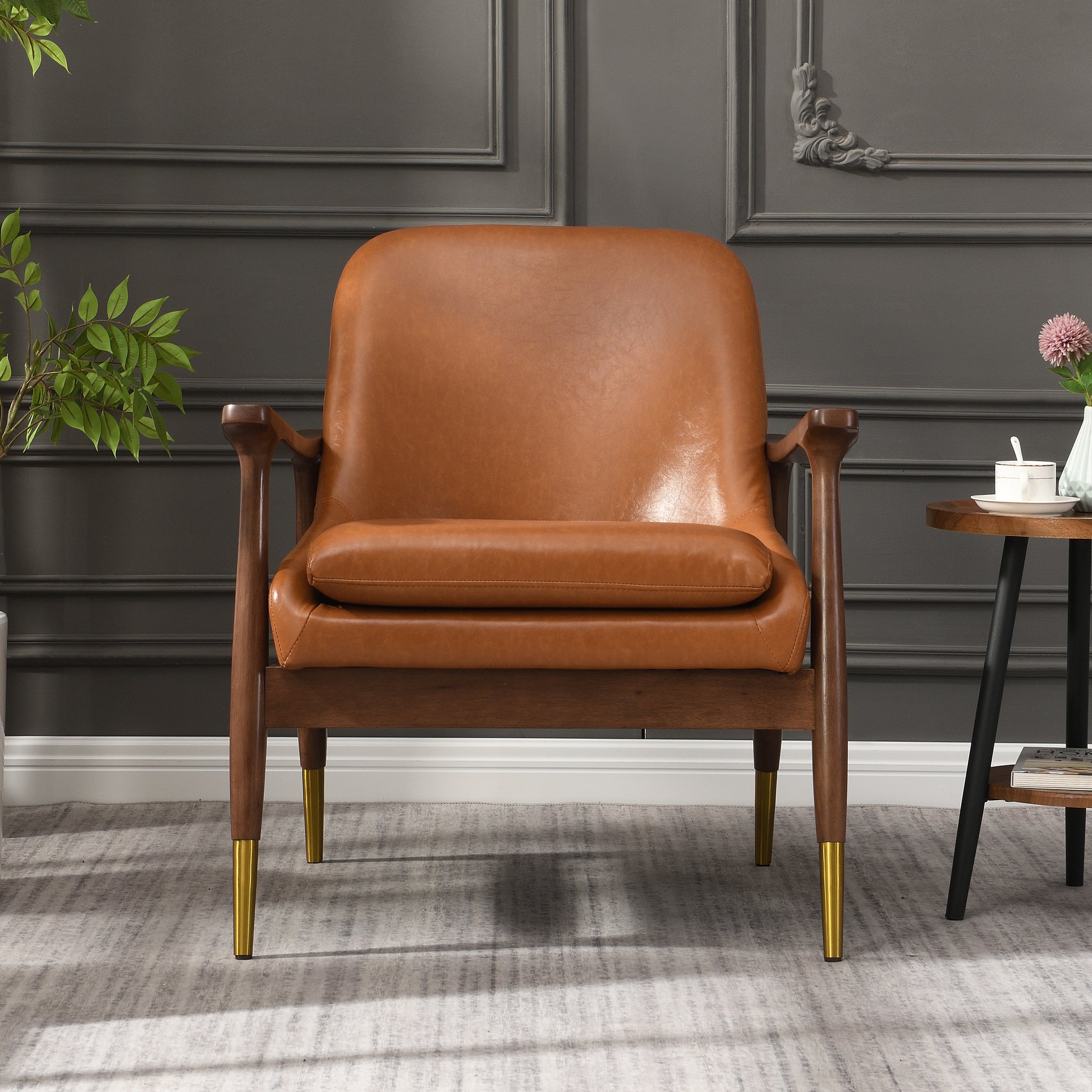 Amber Faux Leather Modern Lounge Chair Brown Pu Leather,Solid Wood