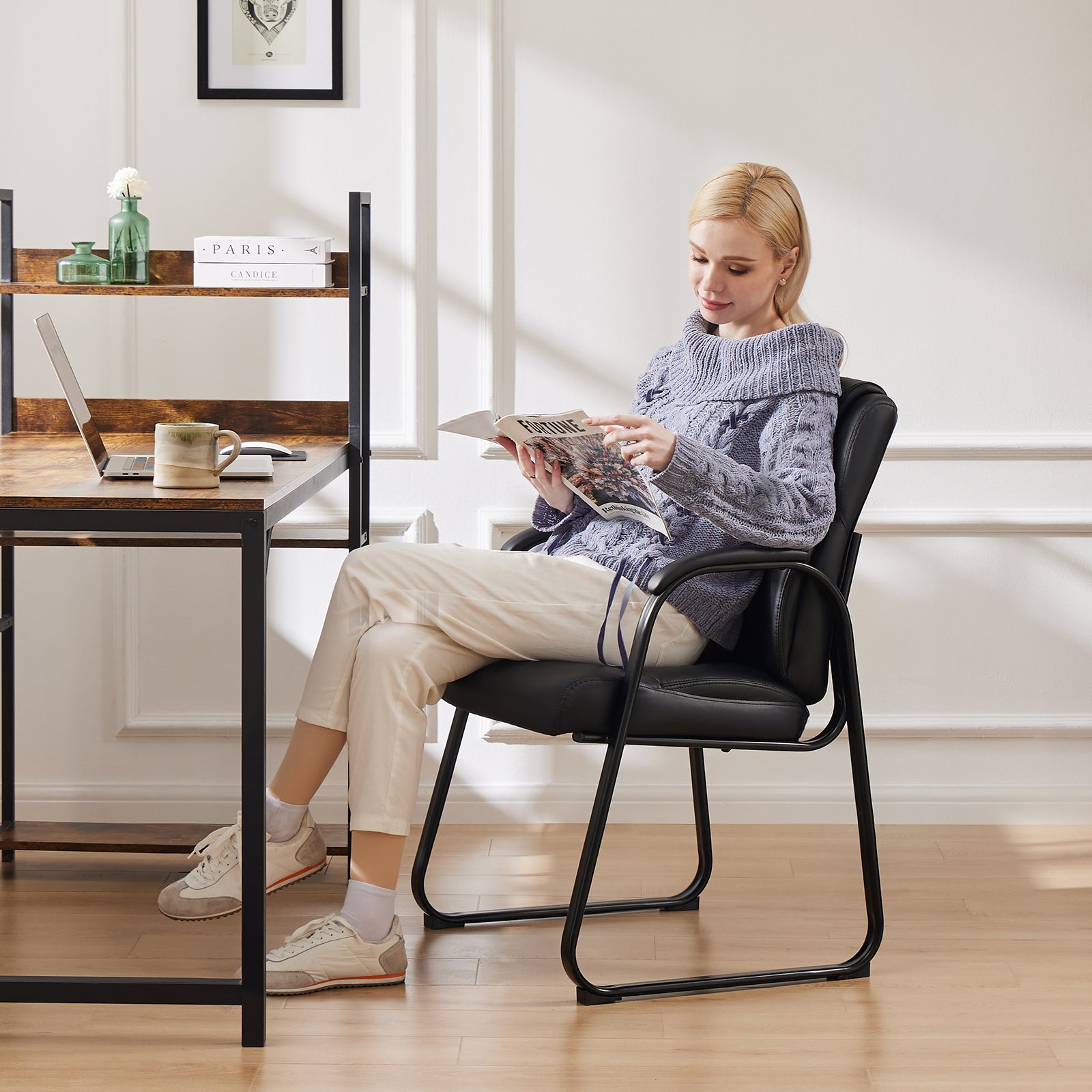 Leather Office Guest Chair No Wheels, Comfy Padded Arms And Seld Base, For Reception Conference Room Set Of 2 Black Stainless Steel