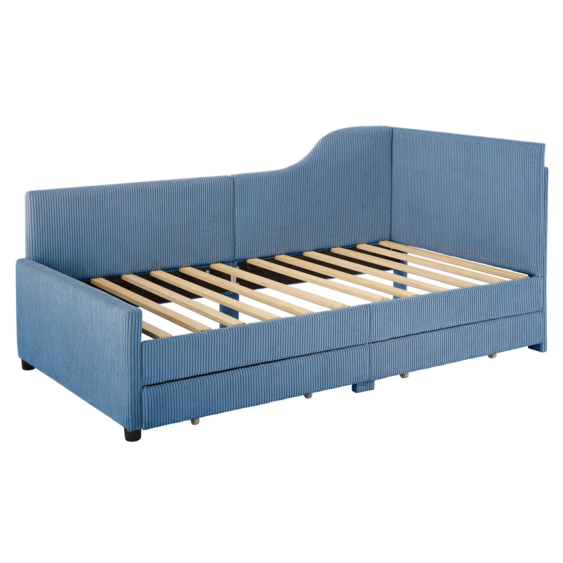 Twin Size L Shaped Corduroy Daybed,Upholstered Bed Frame With 2 Storage Drawers,Blue Twin Blue Wood Fabric