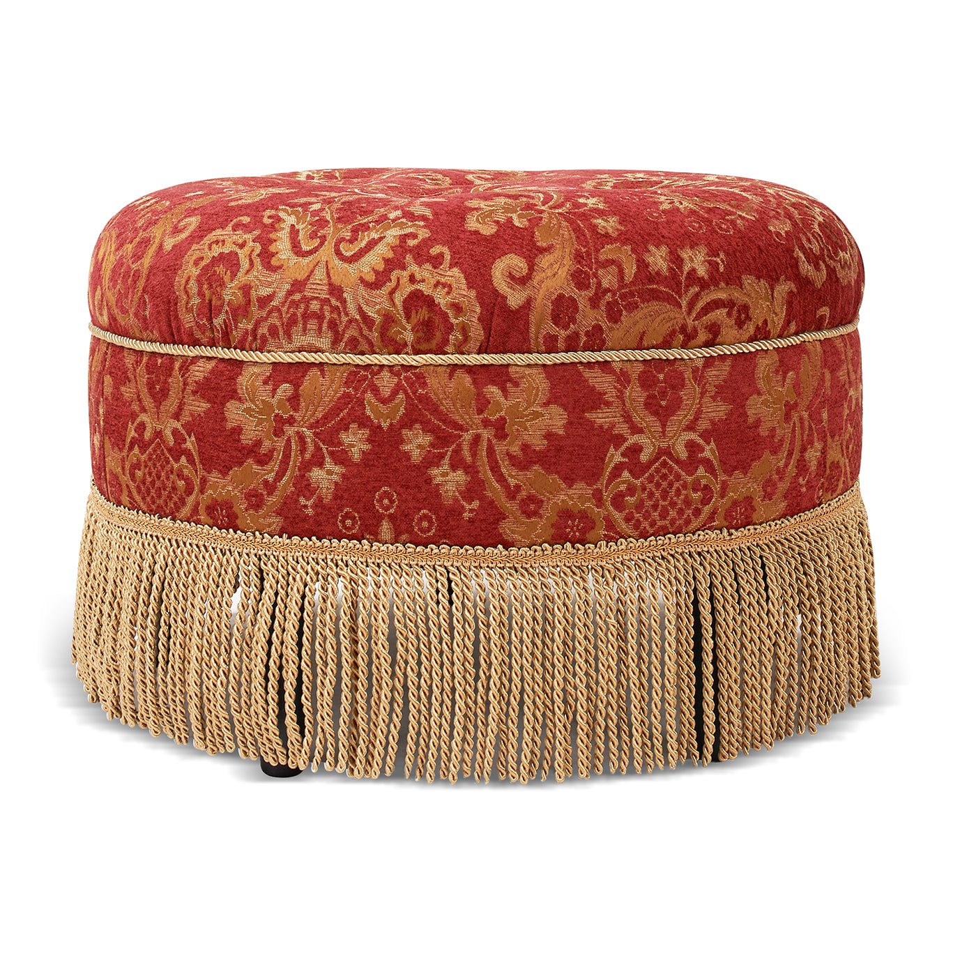 Yolanda 24" Round Upholstered Accent Ottoman, Red Gold Da Jacquard With Gold Trim Red Foam Fabric