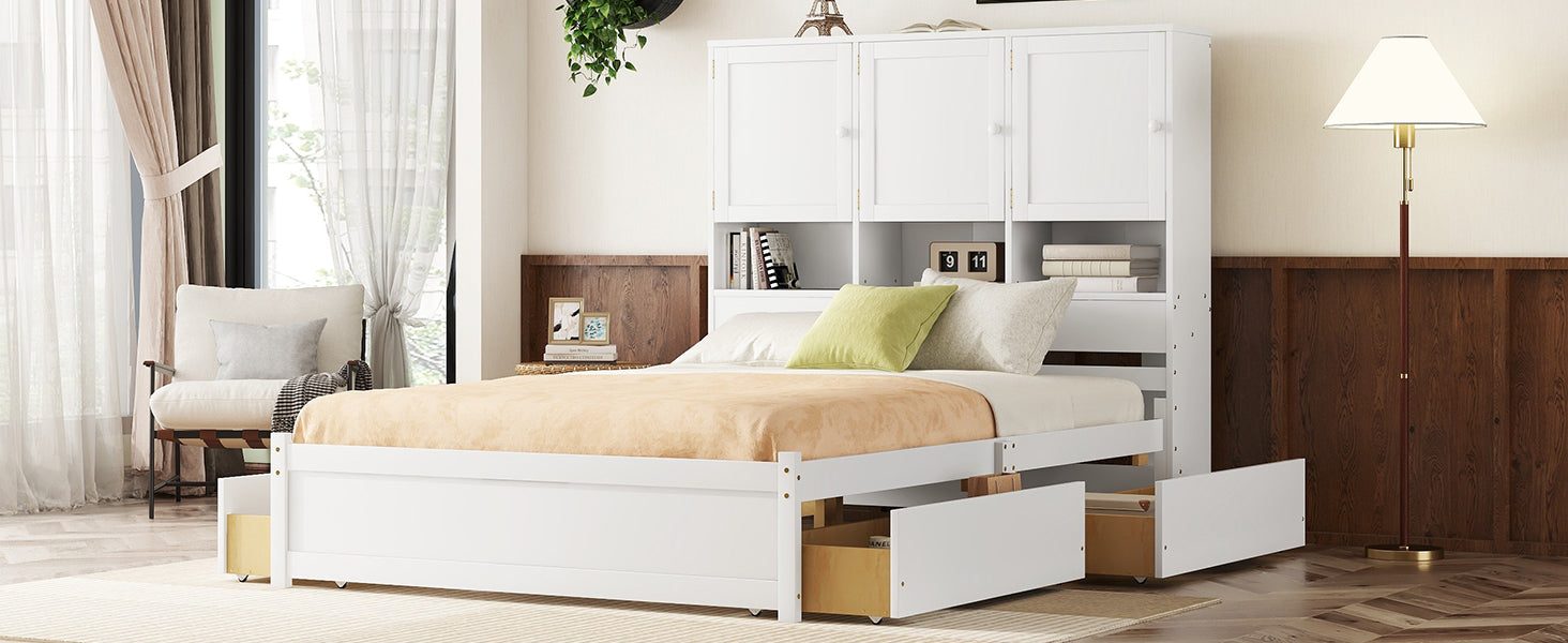 Queen Size Platform Bed With Storage Headboard And 4 Drawers, White Box Spring Not Required Queen White Wood Bedroom Bed Frame Solid Wood Mdf
