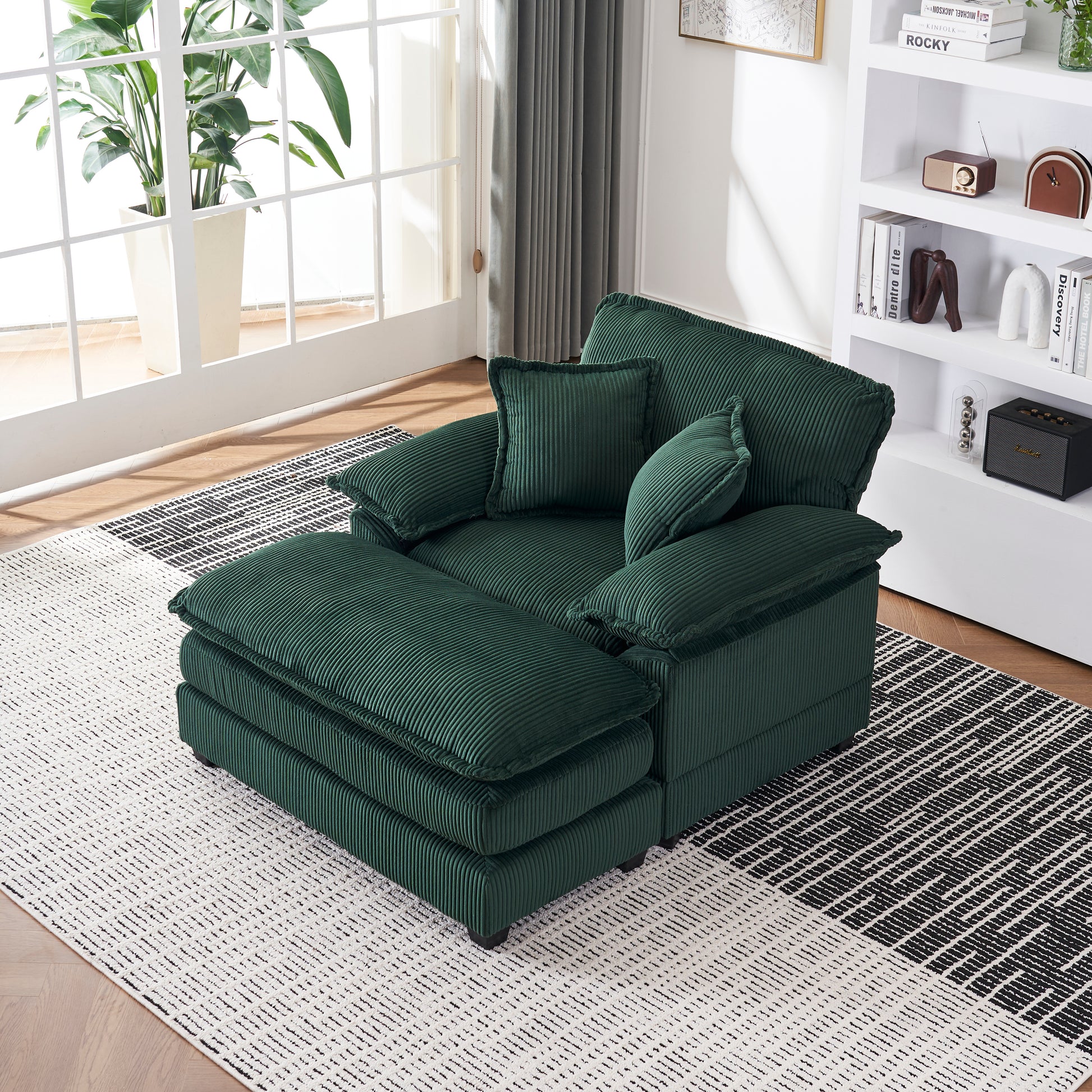 56.3 Inch Corduroy Single Sofa With 2 Toss Pillows And A Ottoman ,Comfy Sofa Deep Seat Couch For Living Room Green Foam 1 Seat