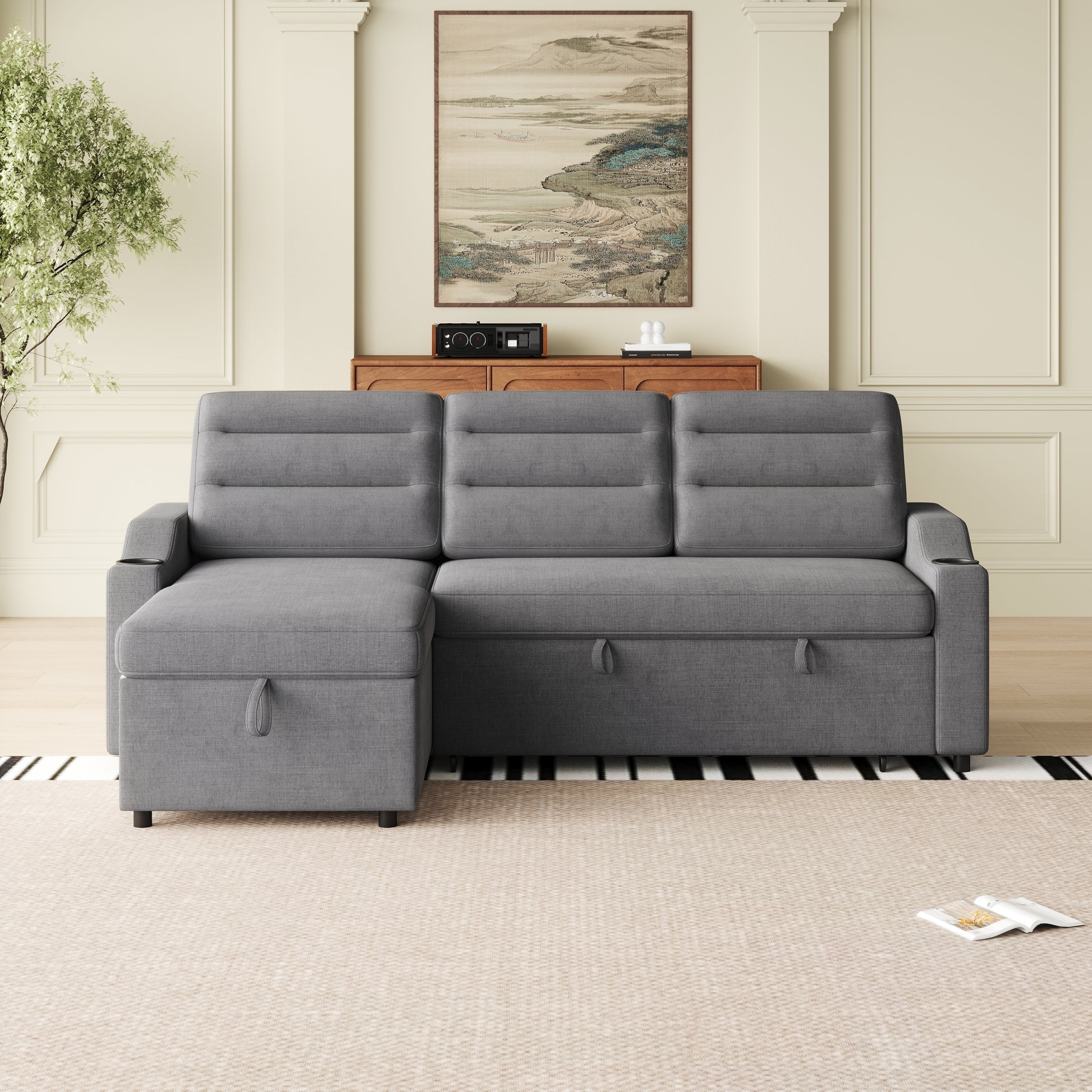 Mh83.5" Convertible Sleeper Combo Sofa, Convertible Sofa Bed Polyester Pullout Bed With Storage Recliner And Cup Holder For Living Room, Tight Spaces Dark Grey Polyester Wood Primary Living Space Pine Foam Fabric 3 Seat