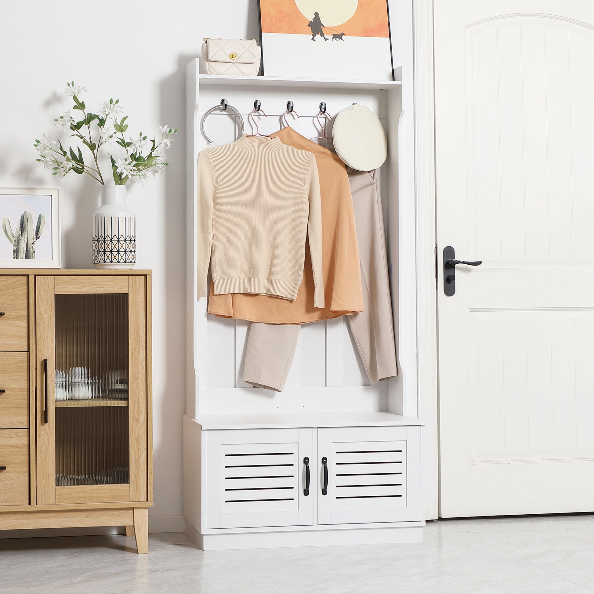 Homcom Modern Hall Tree, Entryway Coat Rack With Shoe Bench, 5 Hooks, Storage Shelf And Slatted Door Cabinet For Hallway, White White Particle Board