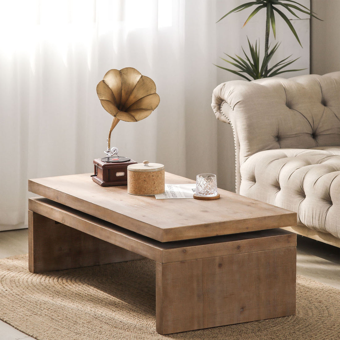 Natural Wood Living Room Table Versatile Coffee Table 2 Tiered Wood Tabletop Table 47.6" L * 23.6" W * 16.3" H Light Brown Distressed Finish Dining Room Fir Rectangular Natural,Natural Wood,Natural Wood Wash,Natural Rustic,Wood Desk Top