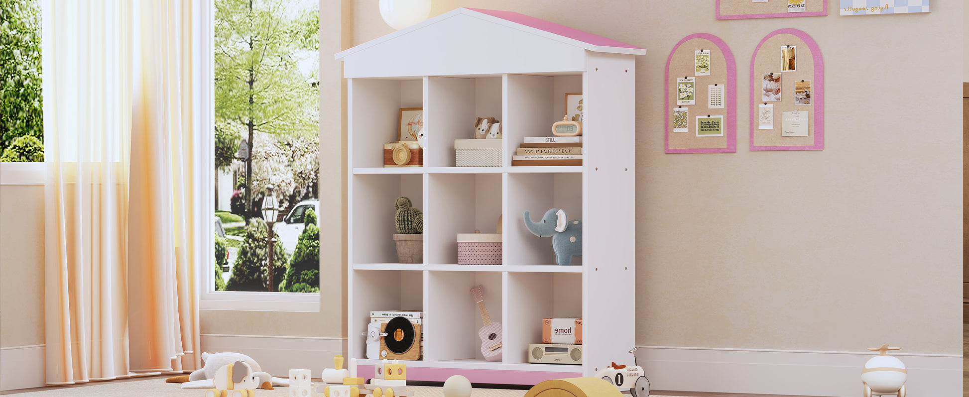 House Shaped Storage Rack With Nine Storage Compartments, Three Layer Storage Shelf With Colorblock Design, White Pink Pink White Particle Board