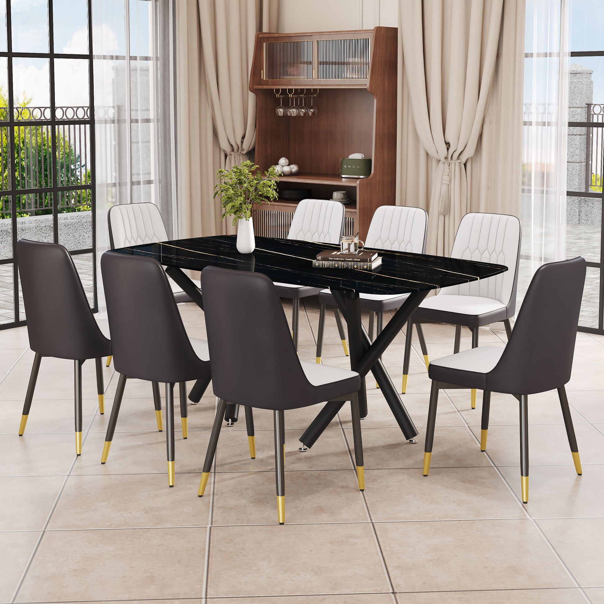 1 Table And 8 Chairs Set.A Rectangular Dining Table With A Imitation Marble Black Table Top And Black Metal Legs.Paired With 8 Chairs With Pu Leather Seat Cushion And Black Metal Legs.F 1538,C 007 Black Glass Metal