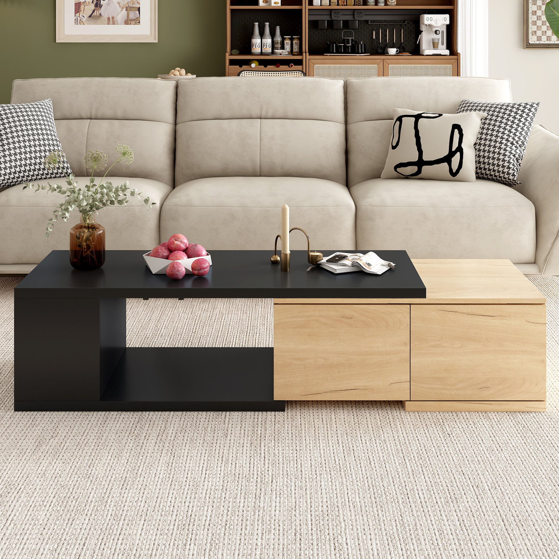 47.2'' 57''W Extendable Coffee Table With 2 Storage Drawers, Dual Tone Wood Center Table With Extendable Sliding Tabletop, Multi Functional Hidden Storage Sofa Table For Living Room, Black Black Primary Living Space Drawers Rectangular Particle Board Mdf