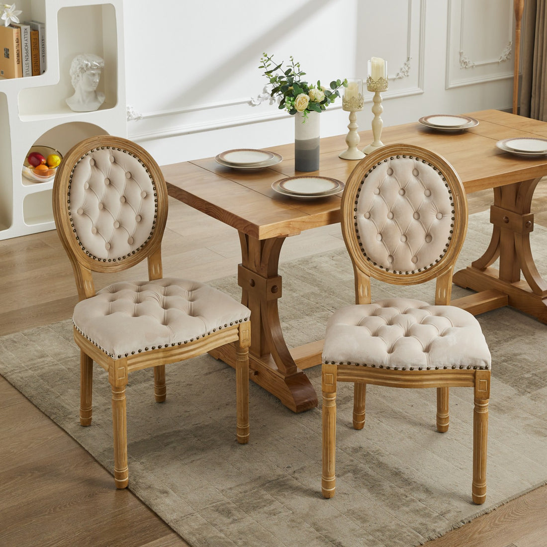 French Style Solid Wood Frame Antique Painting,Hand Pulled Buckle Decoration Velvet Artificial Leather Dining Chair With Trim ,Wood Legs,Steel Spring Inner,Set Of 2,Beige,Sw1739Bg Beige Dining Room American Design Dining Chairs Rubberwood Set Of 2 Foam