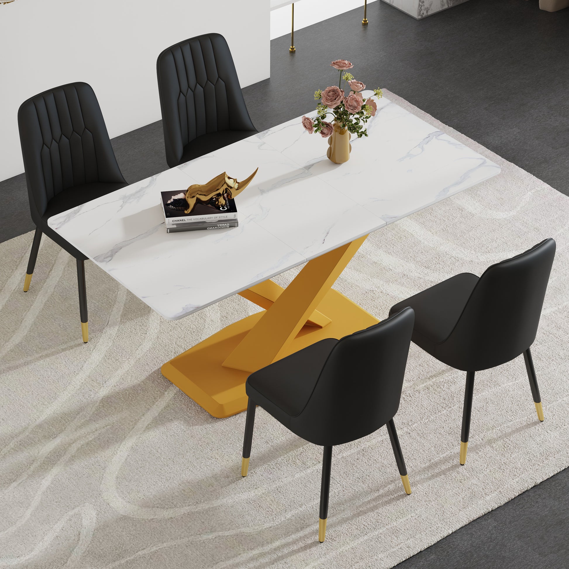 Table And Chair Set.The Table Is Equipped With A Marble Patterned Mdf Tabletop And Gold Table Legs.Paired With 4 Chairs With Pu Cushions And Black Metal Legs. Black Gold Seats 4 Mdf Metal