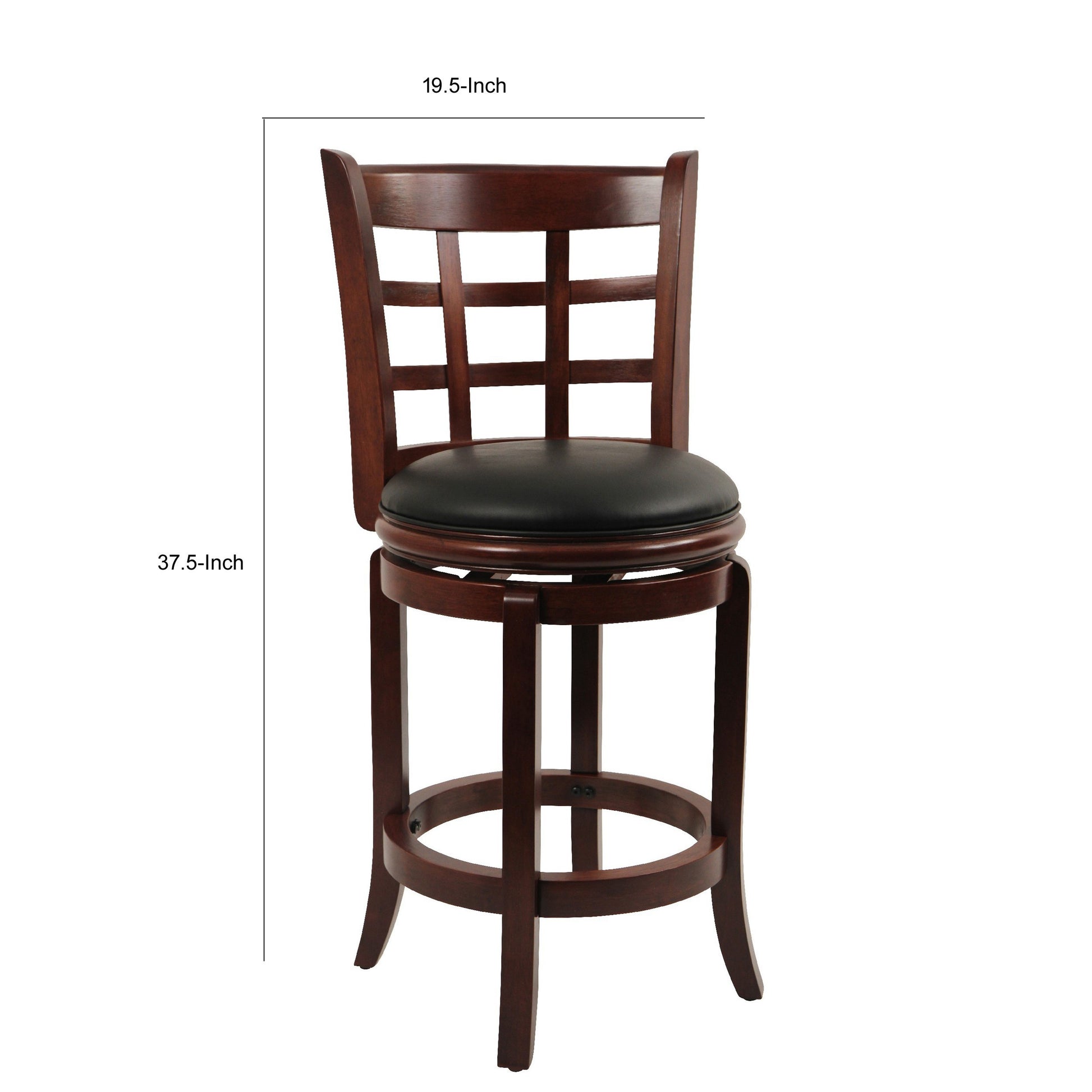 Sabi 24 Inch Swivel Counter Stool, Solid Wood, Faux Leather, Brown, Black Brown Solid Wood