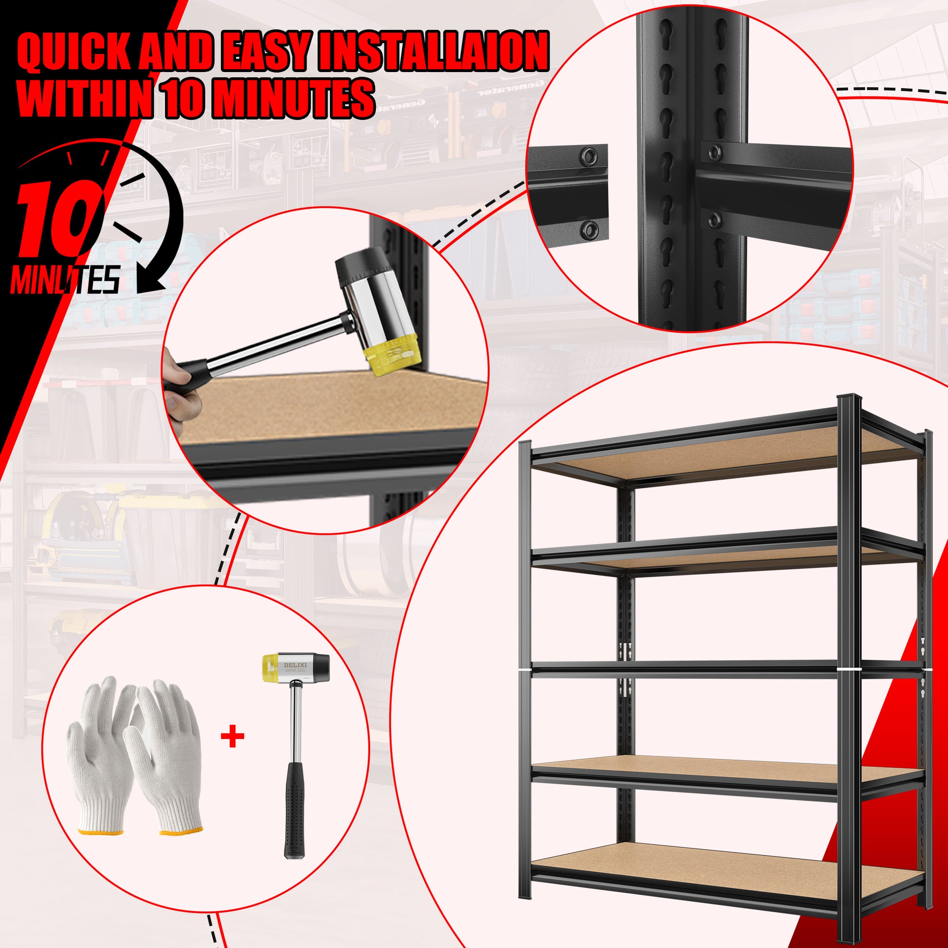 5 Tier Storage Rack, Adjustable Height Shelving, Warehouse Supermarket Basement Storage, Black Requires Assembly 5 Black Nature Standard Horizontal Primary Living Space Open Back Metal Classic