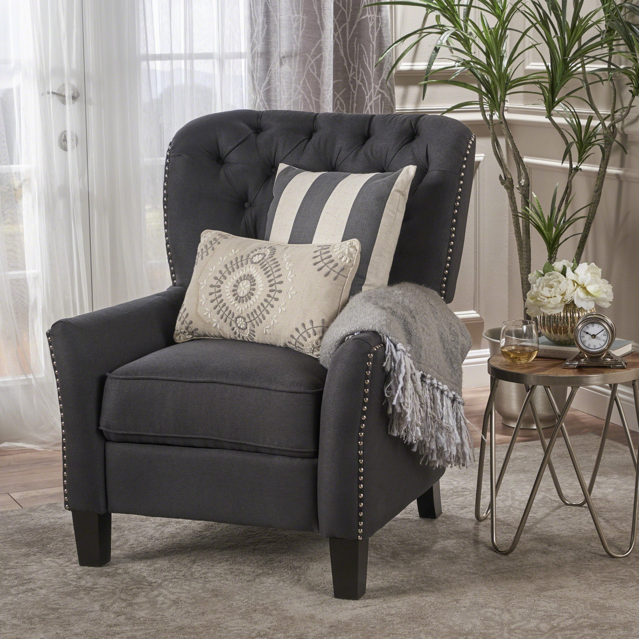 Modern Dark Grey Fabric Push Back Recliner Antique Dark Grey Fabric