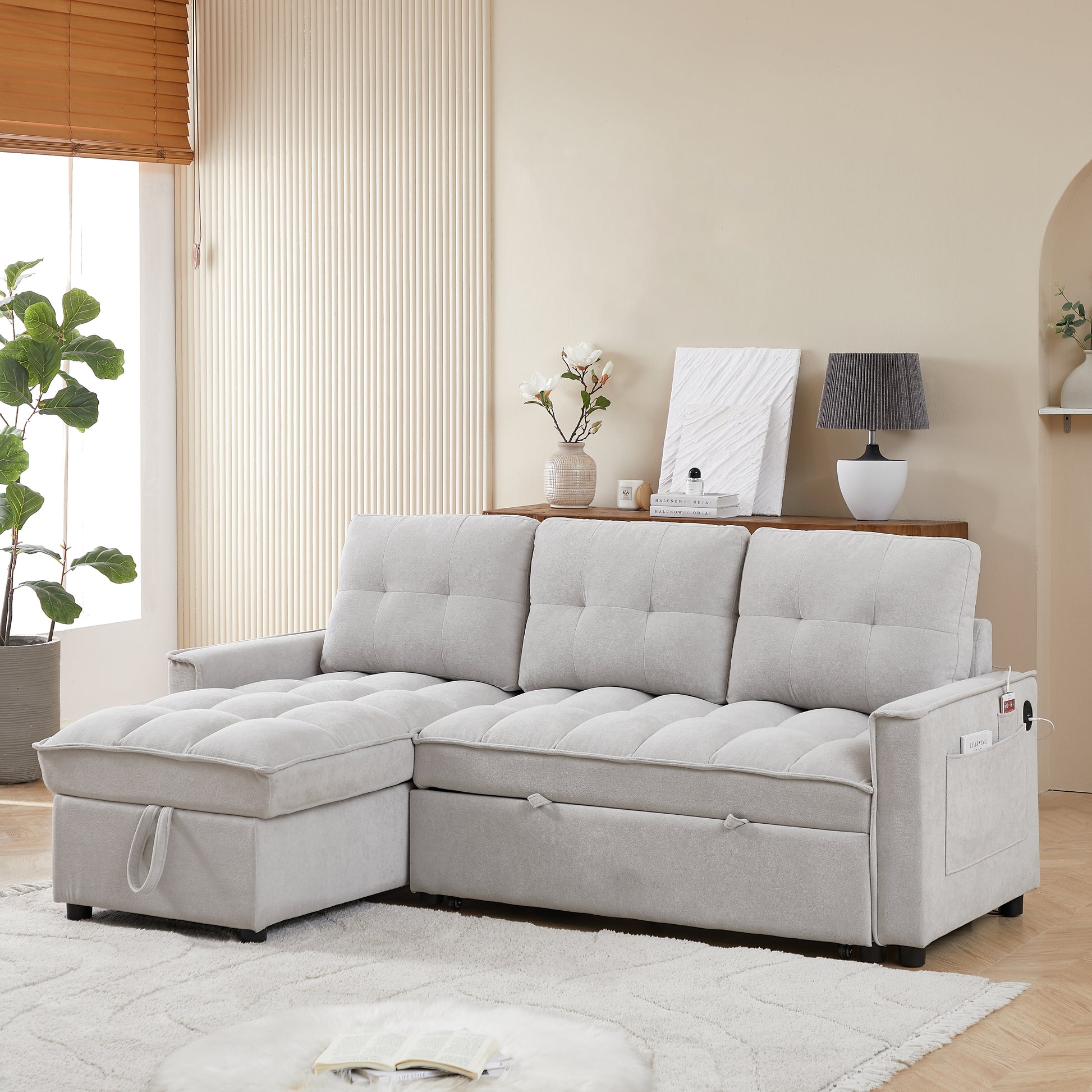 Mh 78.75" Reclining Sofa, Pull Out Sofa Bed With Usb And Tape C Charging Ports, L Shaped Sectional Sofa With Reclining Storage And Arm Side Organizer Pocket Features, Living Room Comfort Sofa Light