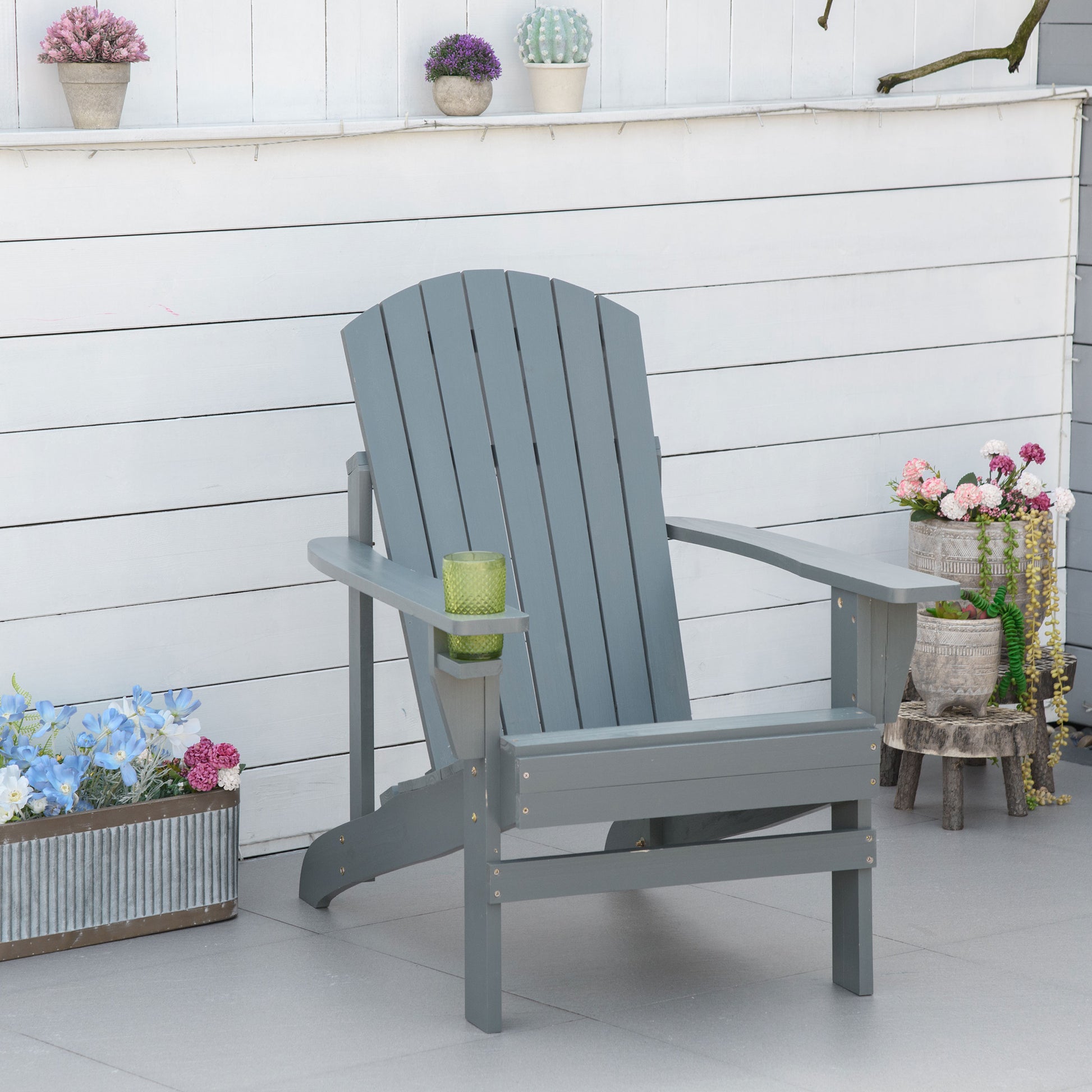 Outsunny Wooden Adirondack Chair, Outdoor Patio Lawn Chair With Cup Holder, Weather Resistant Lawn Furniture, Classic Lounge For Deck, Garden, Backyard, Fire Pit, Dark Gray Gray Wood