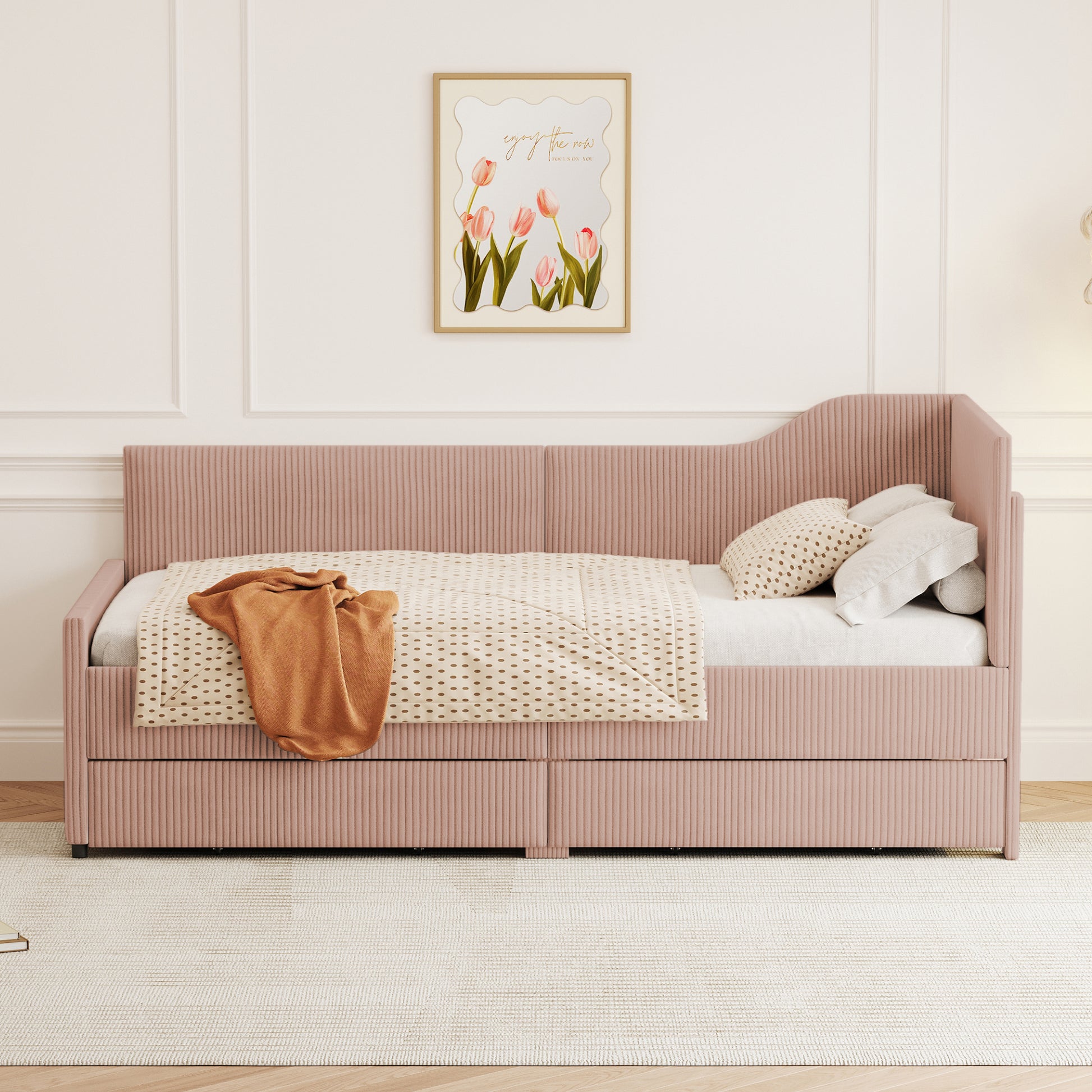 Twin Size L Shaped Corduroy Daybed,Upholstered Bed Frame With 2 Storage Drawers,Pink Twin Pink Wood Fabric